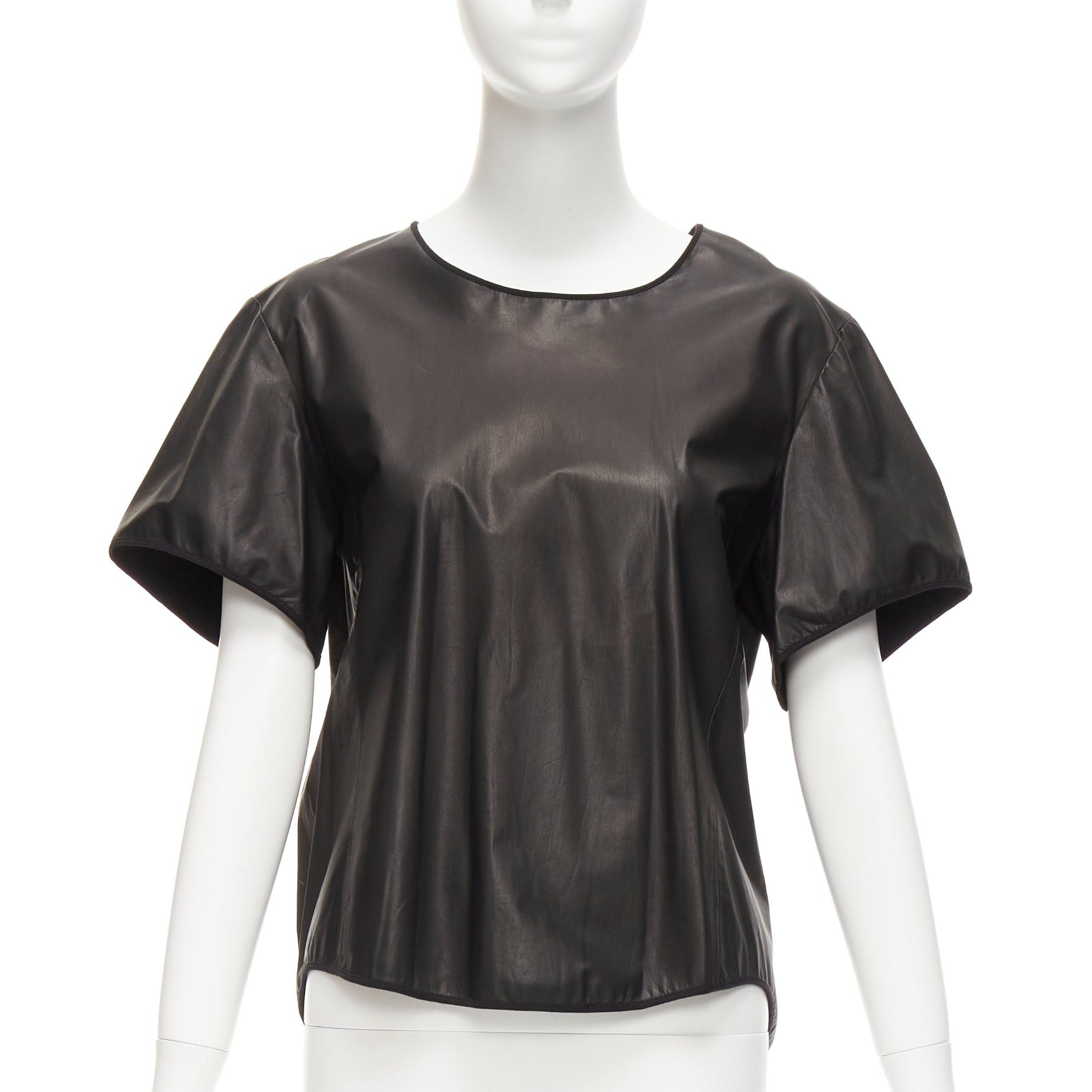 image of Theyskens Theory Black 100% Calf Leather 3D Flare Sleeve Hi Low Hem Top S, Women's (Size Small)