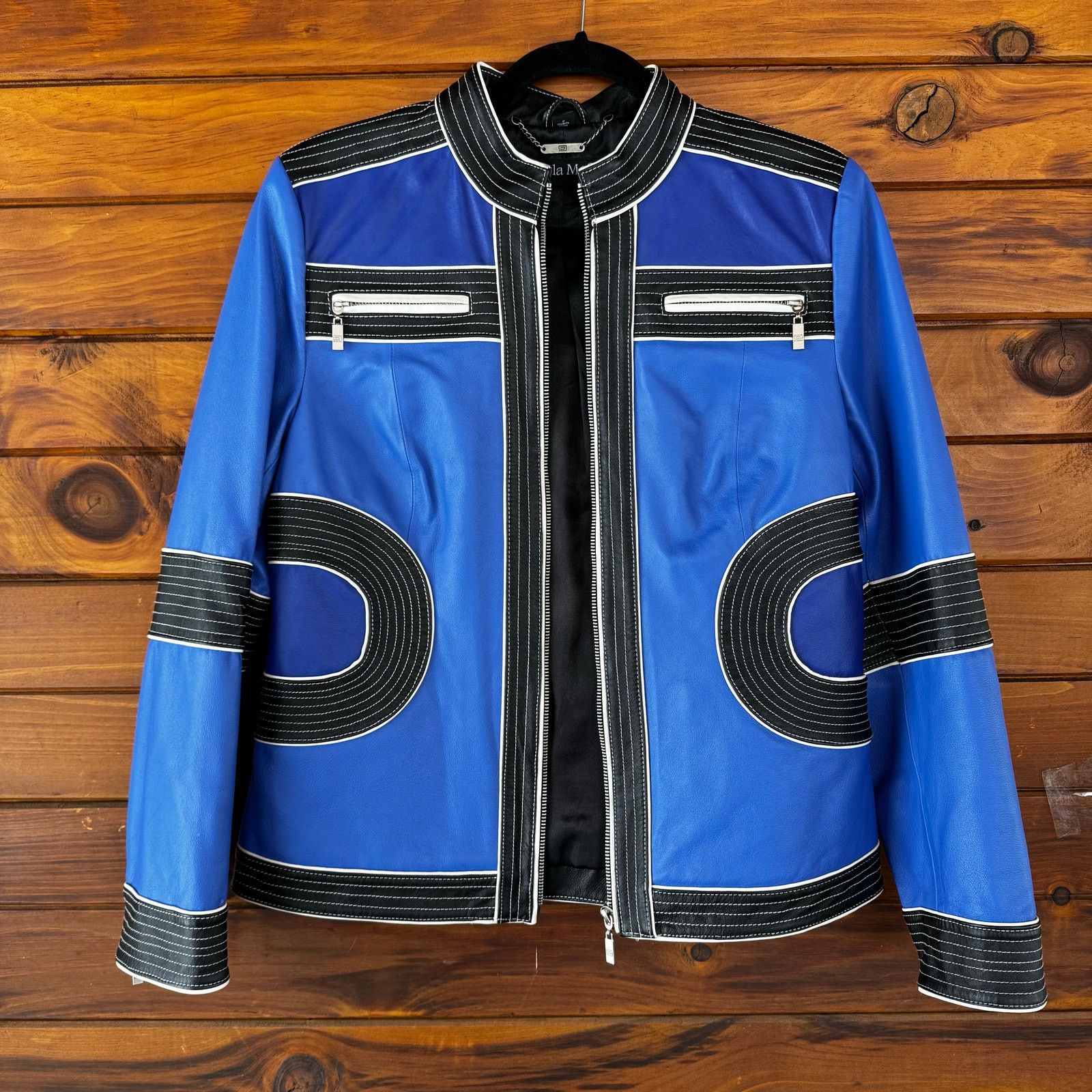 Vintage Vintage Y2K Pamela McCoy Moto Biker Blue Leather Jacket Size S / US 4 / IT 40 - 1 Thumbnail