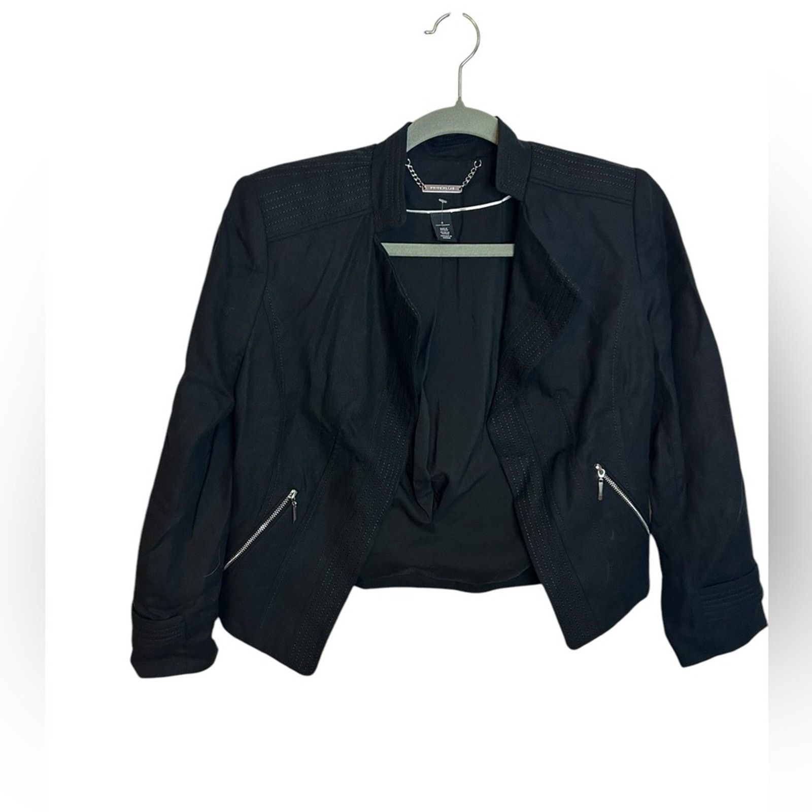 White House Black Market WHBM Black Linen Blend Open Front Moto Jacket Size S / US 4 / IT 40 - 1 Thumbnail