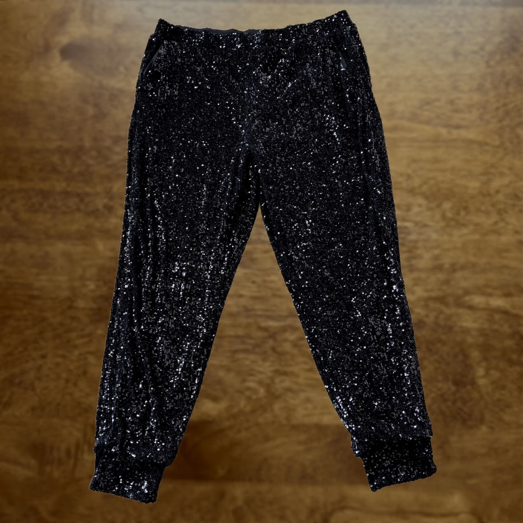 Vintage Cable & Gauge Pants Womens XL Black Sequin Jogger Elastic Waist Lined Party Pajama Size 40" / US 18 - 1 Thumbnail