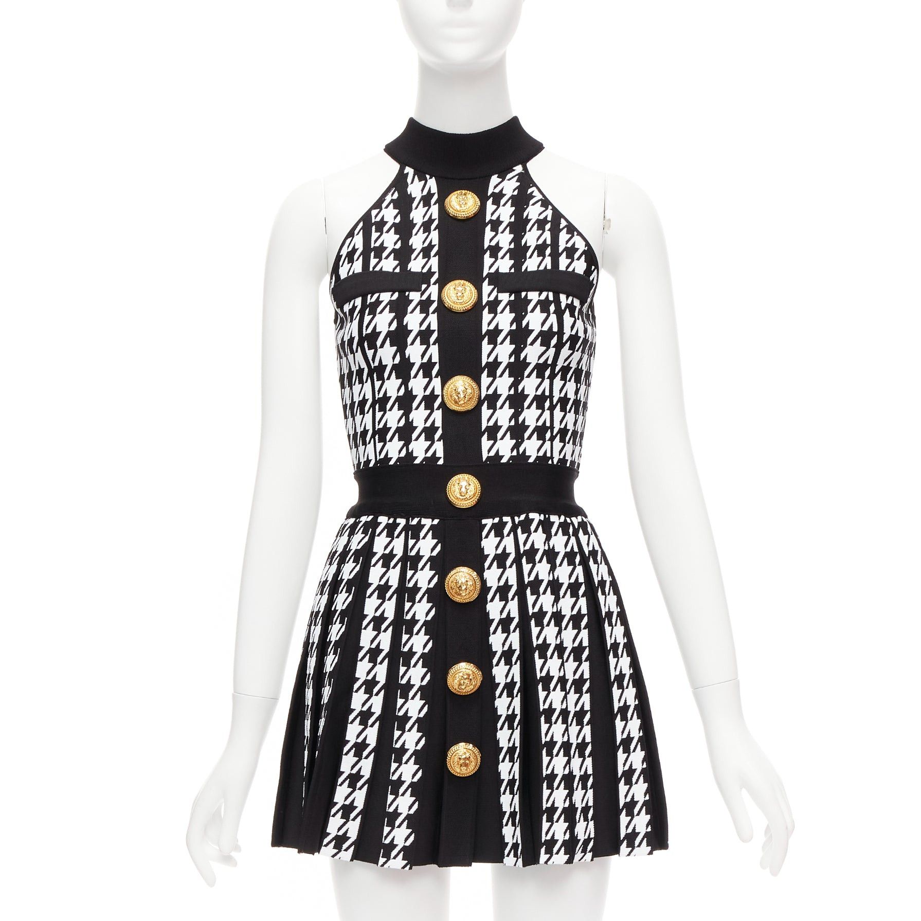 image of Balmain 2023 Black White Houndstooth Gold Lion Button Halter Mini Dress Fr34 Xs, Women's