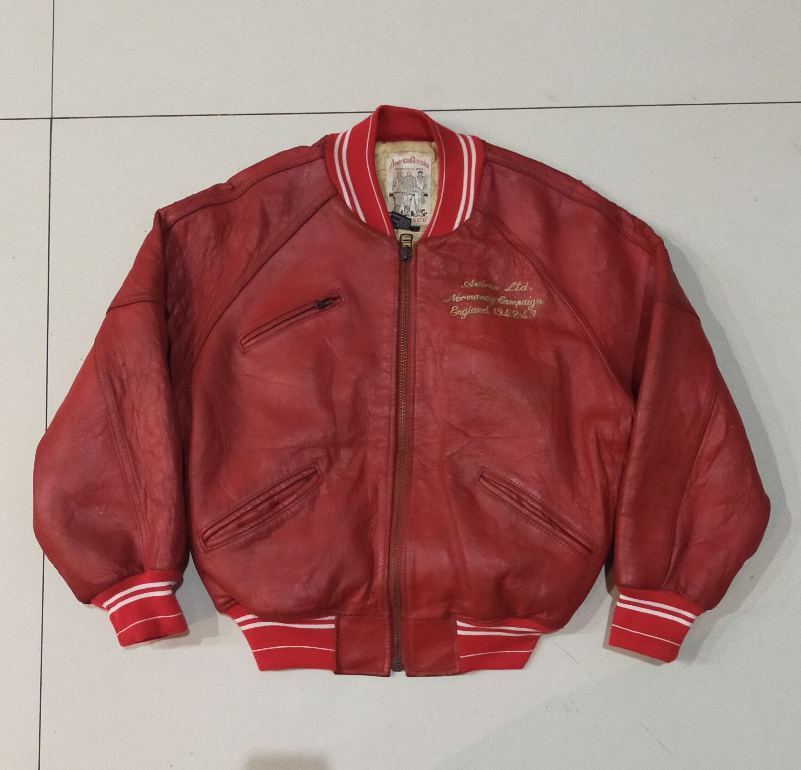 ATMOSPHERE AVIREX VINTAGE BACK LOGO VARSITY LEATHER JACKET