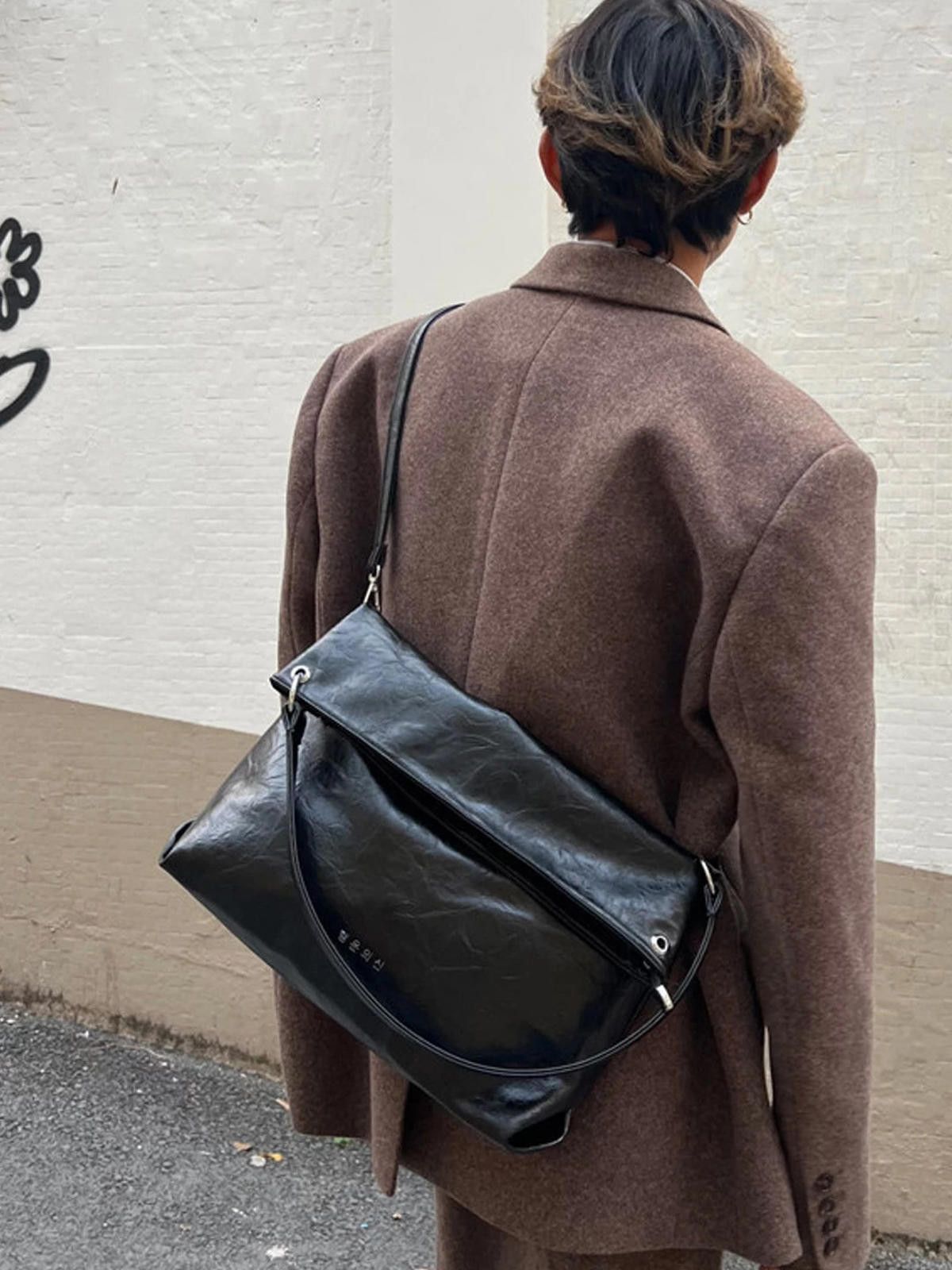 Black Fold-Over Leather Shoulder Bag, Large Crossbody Bag