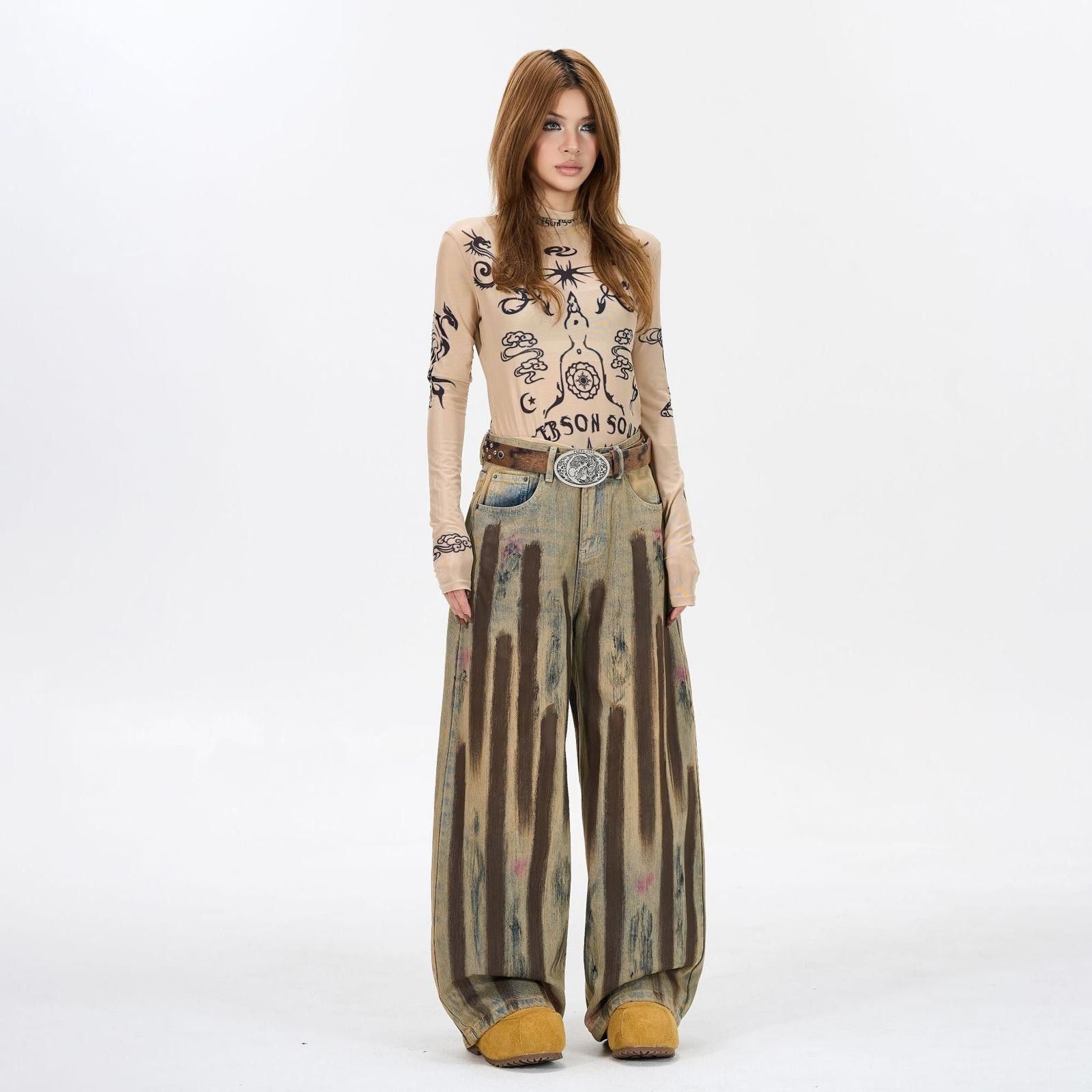 Vintage Brown Tie-Dye Wide Leg Jeans, Baggy Denim Pants Size 27" / US 4 / IT 40 - 3 Thumbnail