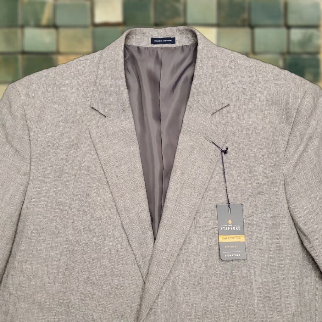Stafford VINTAGE JCPenney Stafford Blazer Men 48 Gray Herringbone Twill Sport Jacket Coat Suit Top Size 48R - 1 Thumbnail