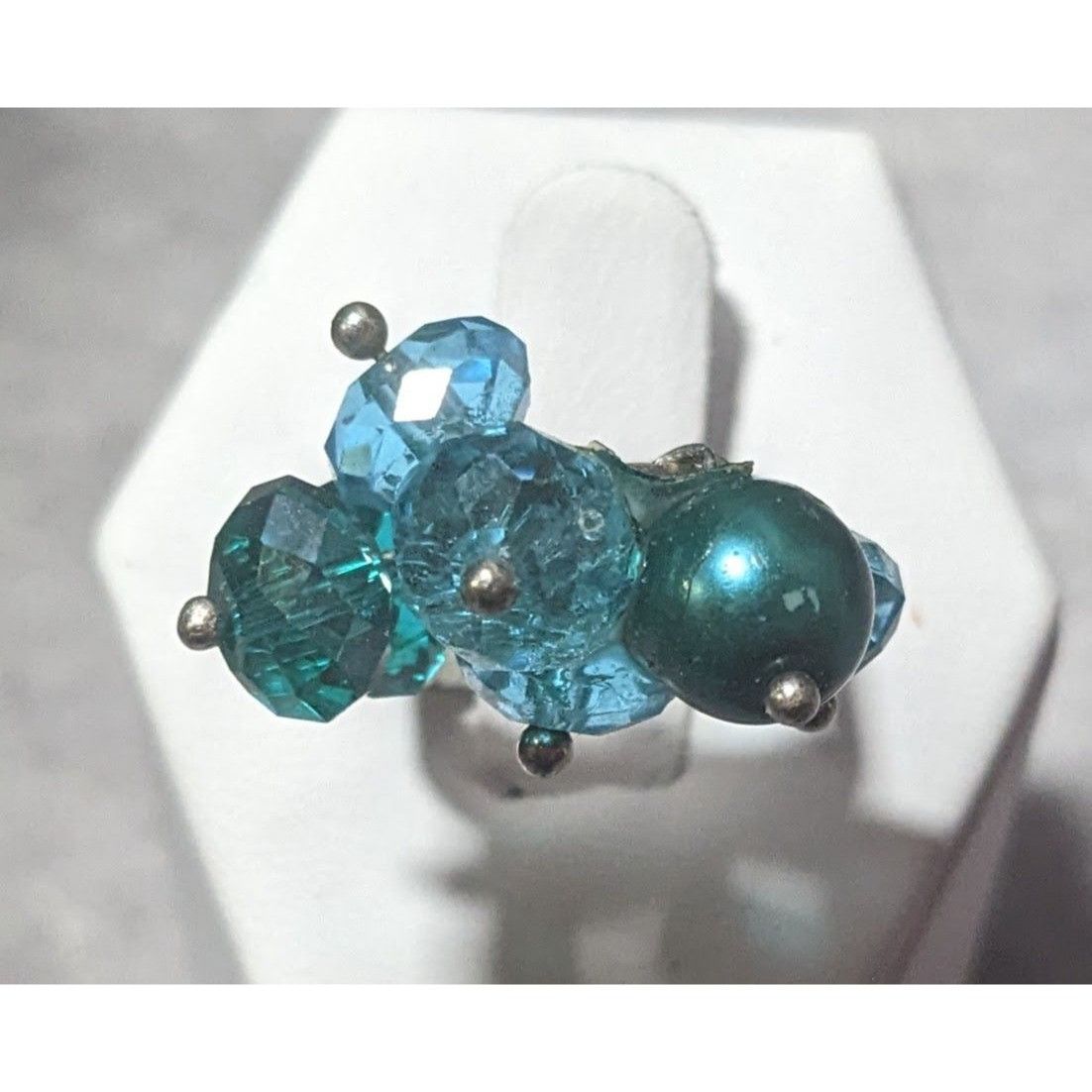 Other Blue Beaded Silver Tone Adjustable Cluster Ring Size 6 Size ONE SIZE - 3 Thumbnail