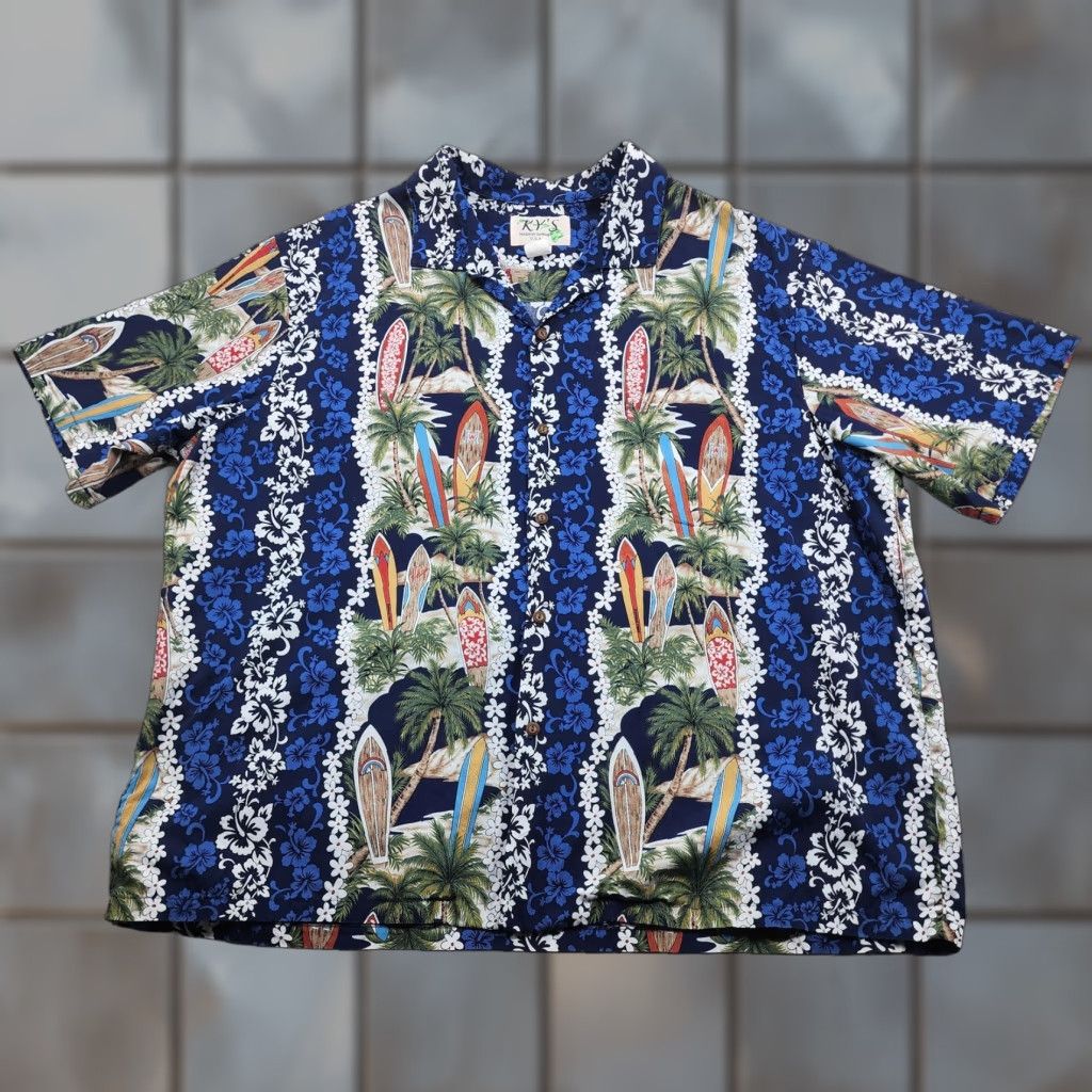 Vintage VINTAGE KY'S Hawaiian Aloha Shirt Mens 3XL Blue Surfboard Palm Hibiscus Made in Hawaii Size US XXL / EU 58 / 5 - 1 Thumbnail