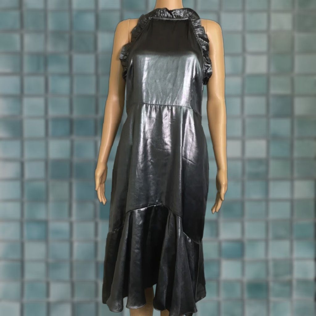 Vintage Who What Wear Womens Cocktail Dress Metallic Gunmetal Ruffle Sleeveless S New Midi Halter Zip 100% Polyester Solid Dress Womens Size S / US 4 / IT 40 - 1 Thumbnail