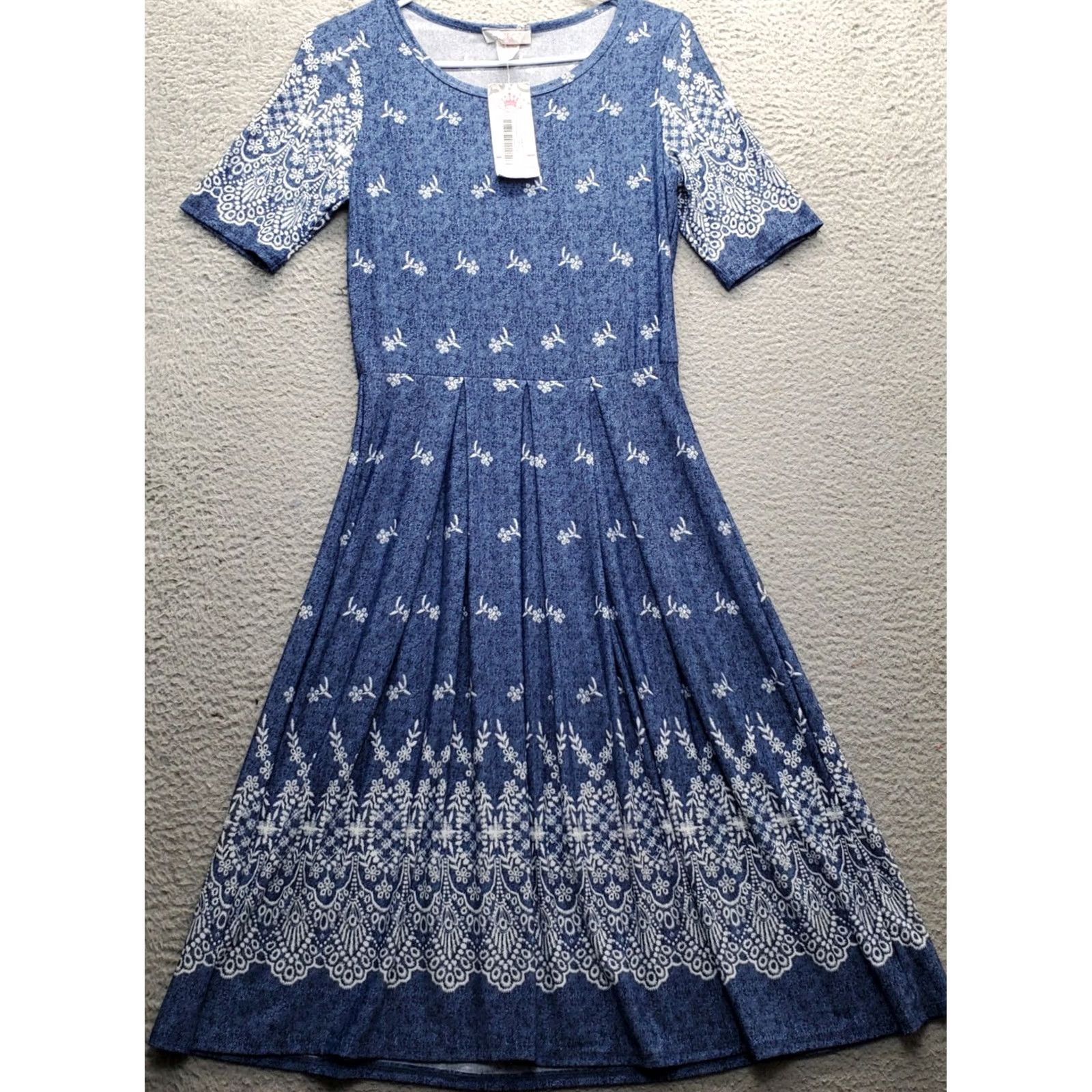 Vintage Pretty Young Womens Dress Fit & Flare Geometric Blue White Pleated Knee Length M NWT Size M / US 6-8 / IT 42-44 - 2 Thumbnail