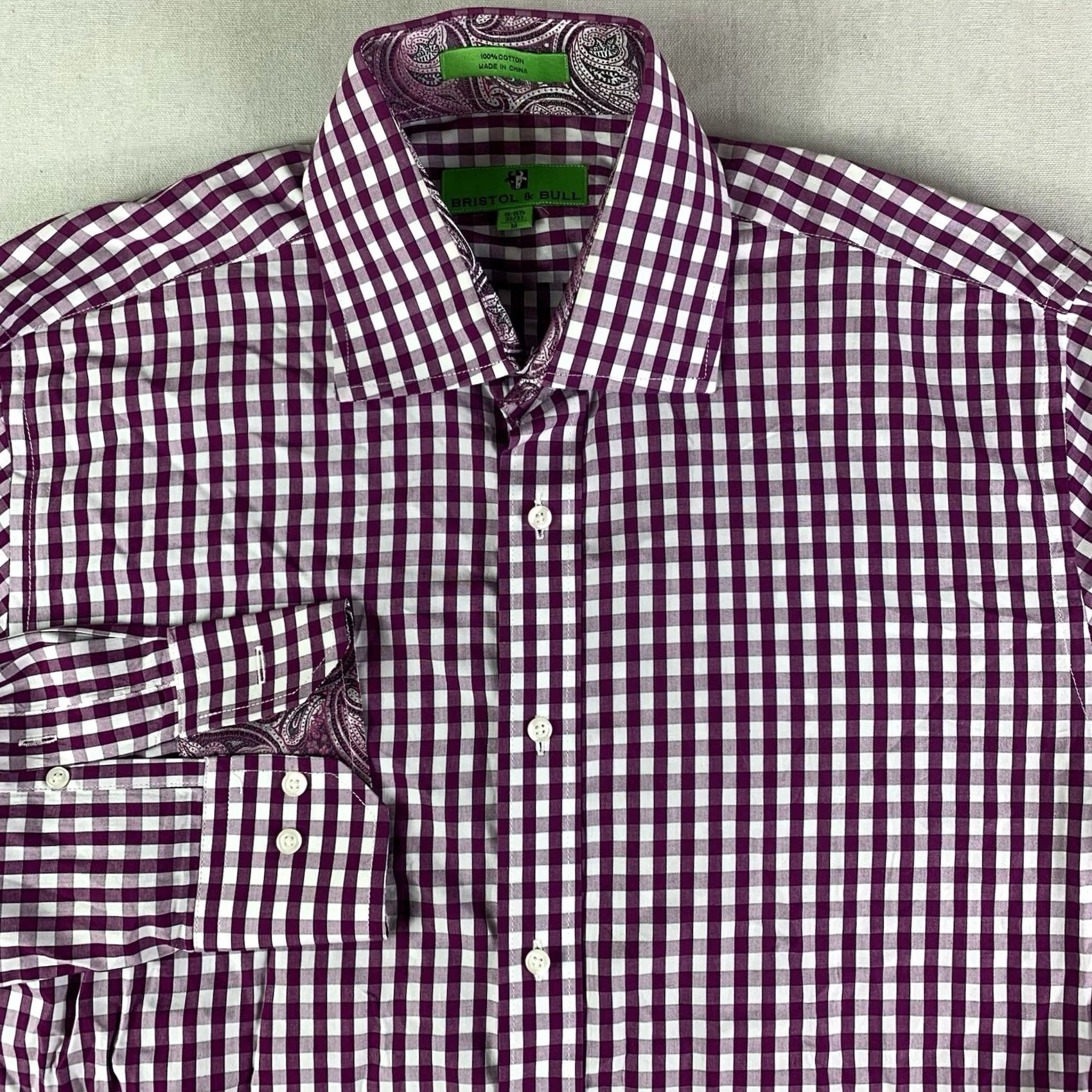 Vintage Bristol & Bull Dress Shirt Mens Medium Burgundy Red Check Button Up Long Sleeve Size 40R - 3 Thumbnail
