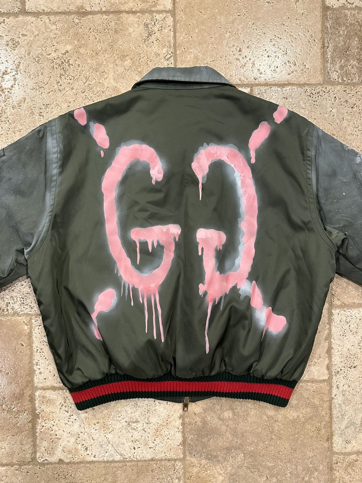 Gucci Hand Painted Ghost Bomber Olive Green Jacket