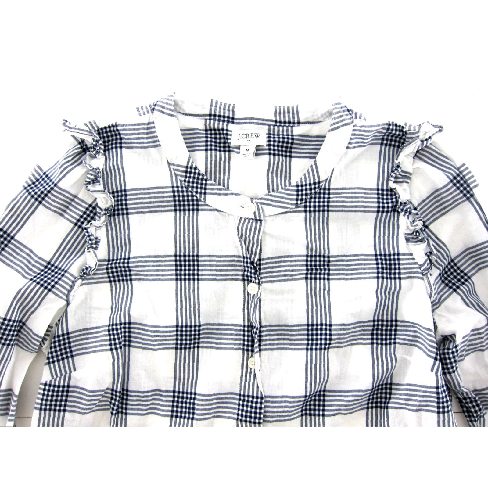J.Crew J.CREW Blouse Shirt Navy Blue Stripe 100% Cotton Long Sleeve Button Up Ruffle Medium Women's Size M / US 6-8 / IT 42-44 - 4 Thumbnail