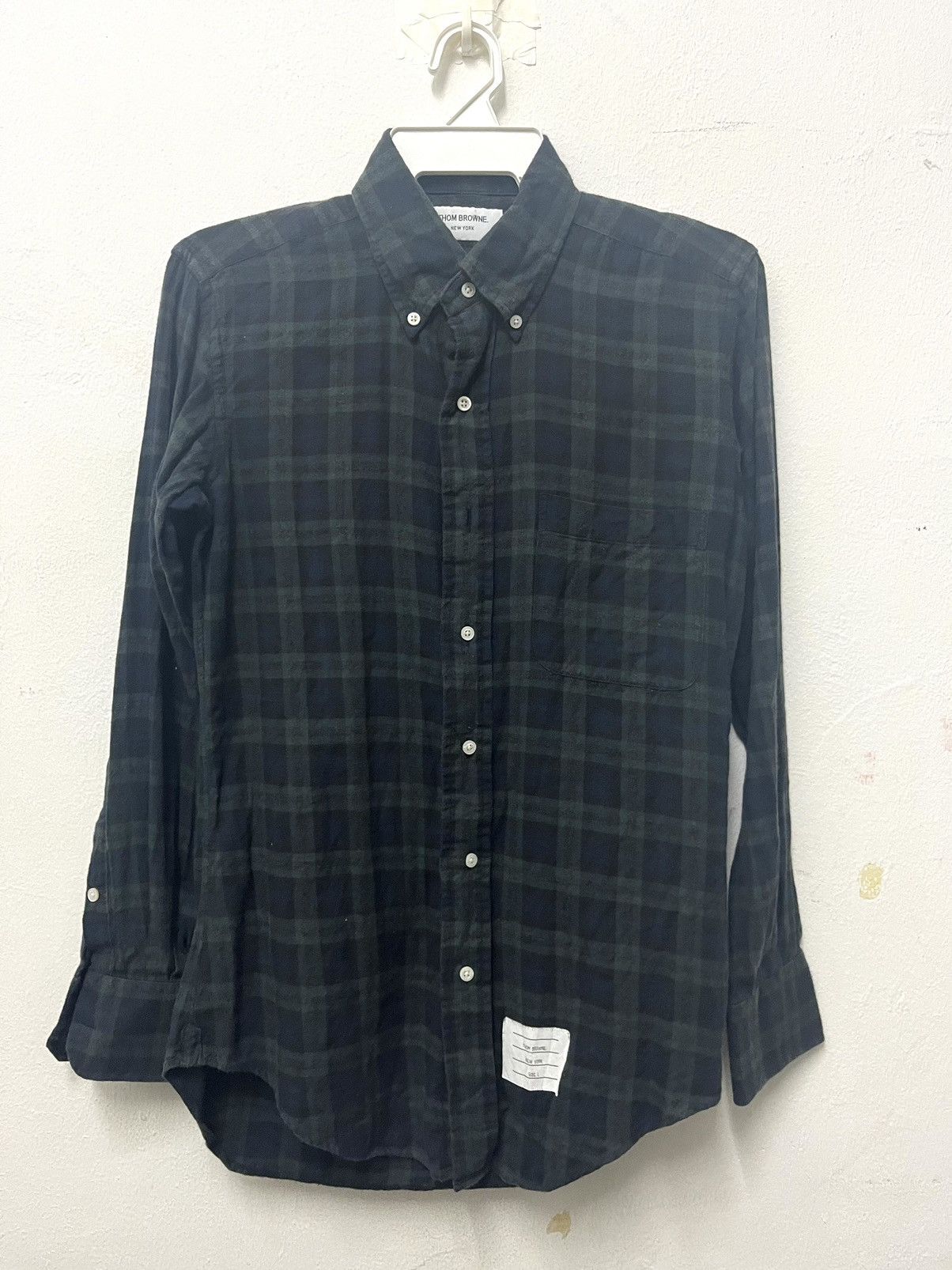 image of Thom Browne Flannel Shirt Buttondown in Blue Green, Men's (Size Medium)
