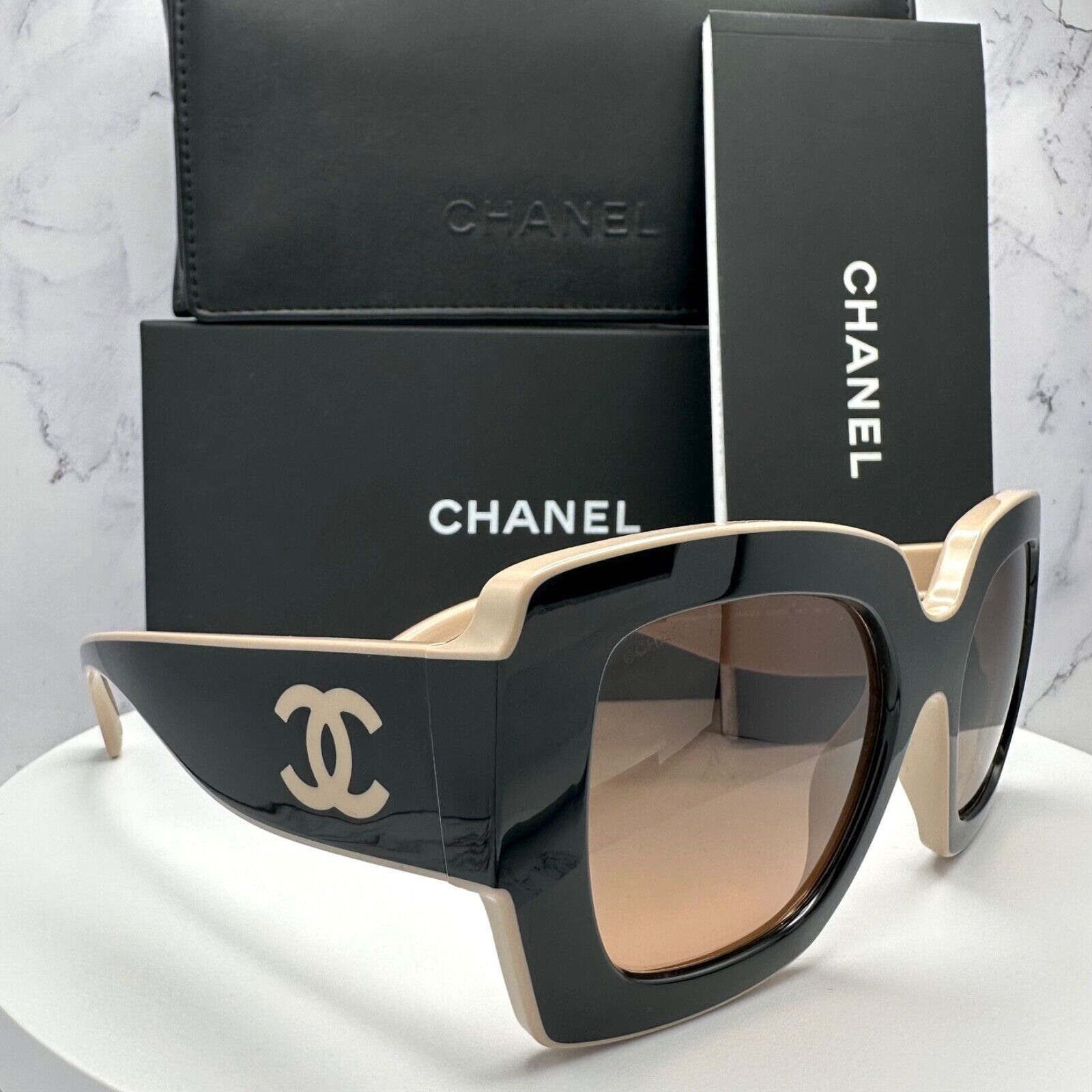 New CHANEL Sunglasses Black Beige CC Logo