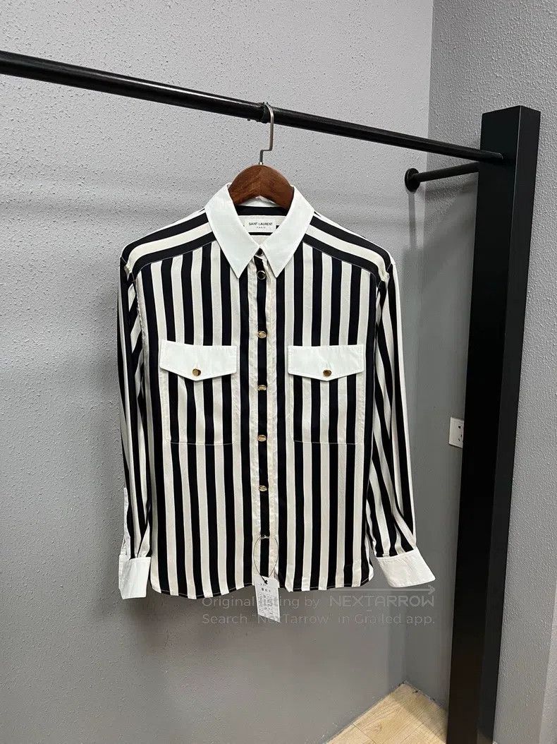 Saint Laurent Paris Saint Laurent Paris Black and White Striped Pocket Silk Sh Size XS / US 0-2 / IT 36-38 - 1 Thumbnail