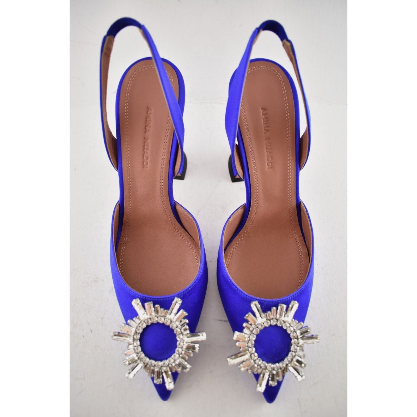 Amina Muaddi Amina Muaddi 95 Begum Sling Blue Satin Crystal Slingback Size US 9 / IT 39 - 14 Thumbnail