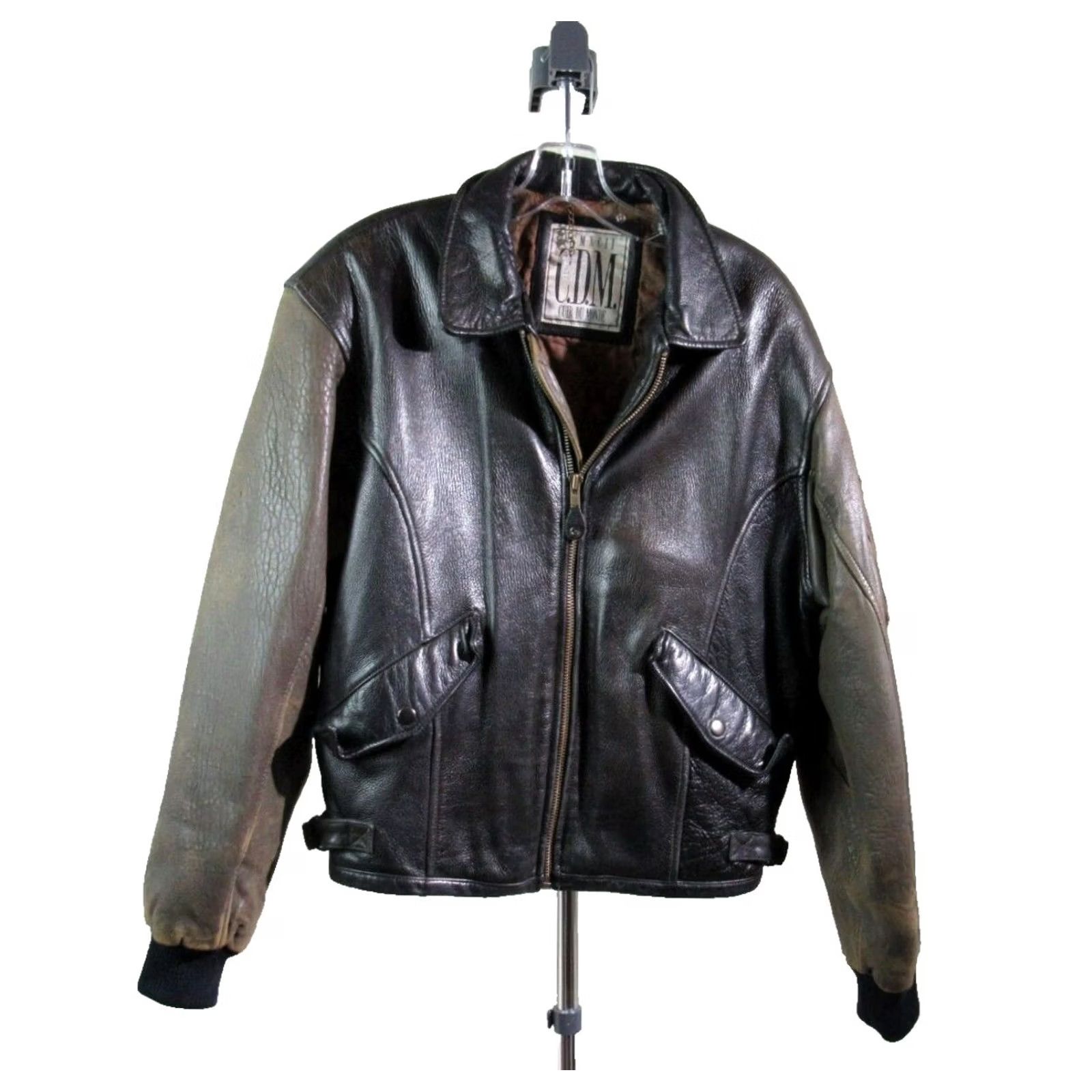 Vintage VINTAGE Cuir du Monde Leather Bomber Jacket Jacket Men L Black Brown Two-Tone 90s Full Zip Pockets Zip Included Size US L / EU 52-54 / 3 - 2 Thumbnail