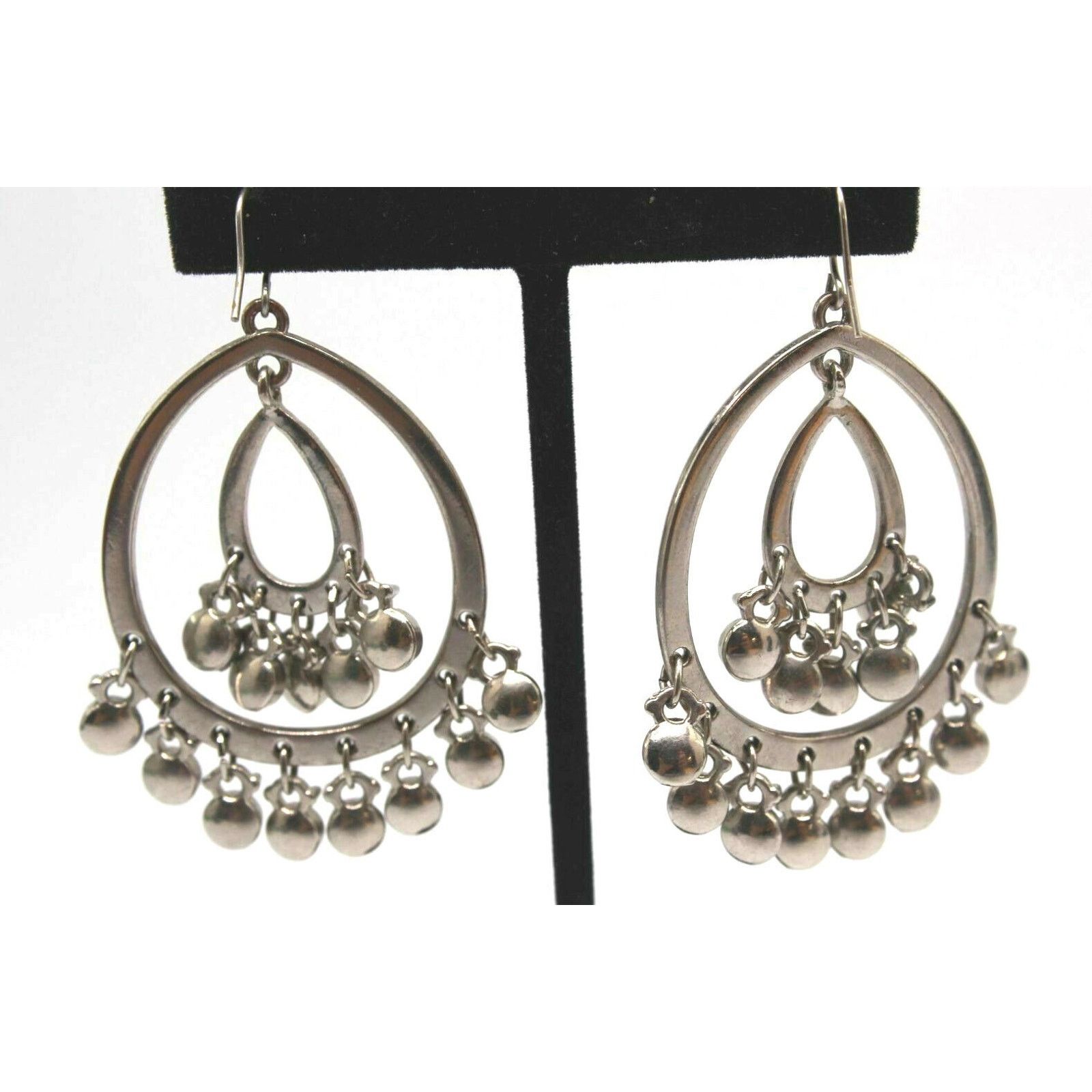 Other Rhinestone Dangle Double Hoop Earrings Silvertone 2" Hook Size ONE SIZE - 2 Thumbnail