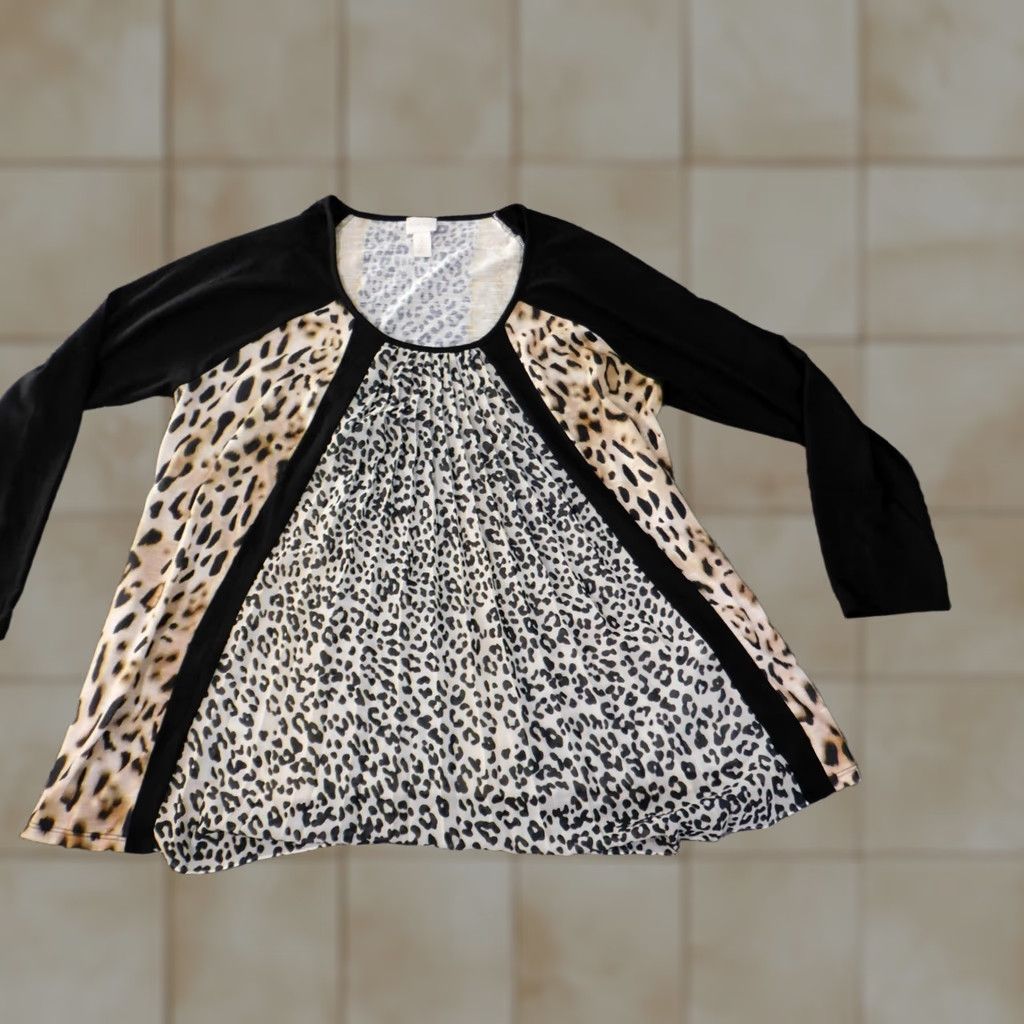 Vintage Chicos Blouse Shirt Women 2 Brown Animal Print Polyester Round Neck Long Sleeve Pullover Casual Regular Size 2 2 Size XS / US 0-2 / IT 36-38 - 1 Thumbnail
