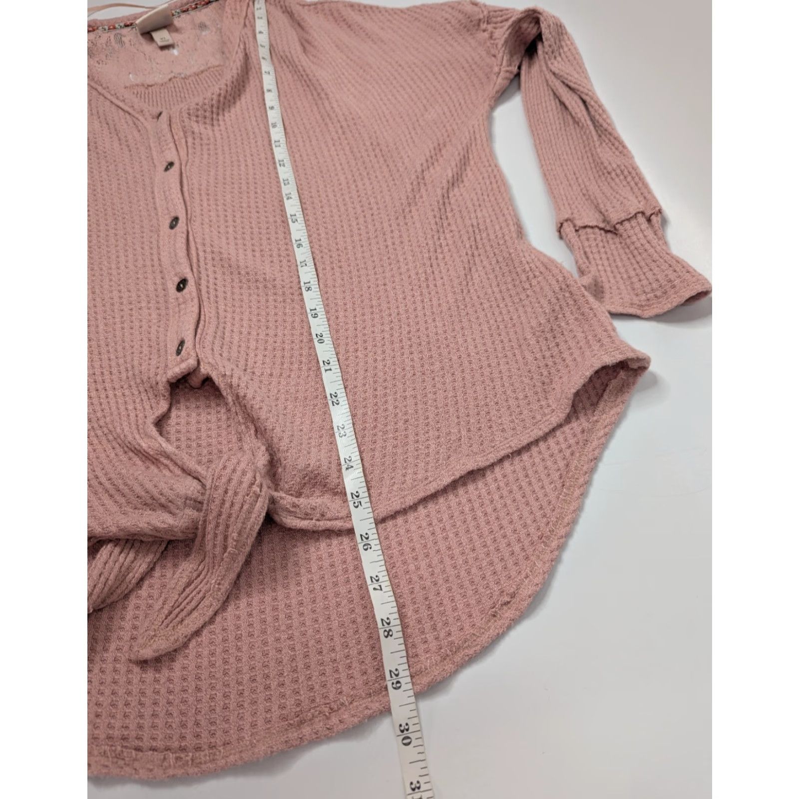 Vintage Knox Rose Women’s Pink Waffle Knit Thermal Tie Front Long Sleeve Lace Top XL Blouse Size XL / US 12-14 / IT 48-50 - 7 Thumbnail