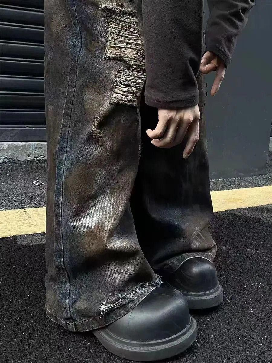 Japanese Brand Distressed Stacked Flare Waxed Denim Jeans, Ripped Jeans Size US 32 / EU 48 - 2 Thumbnail
