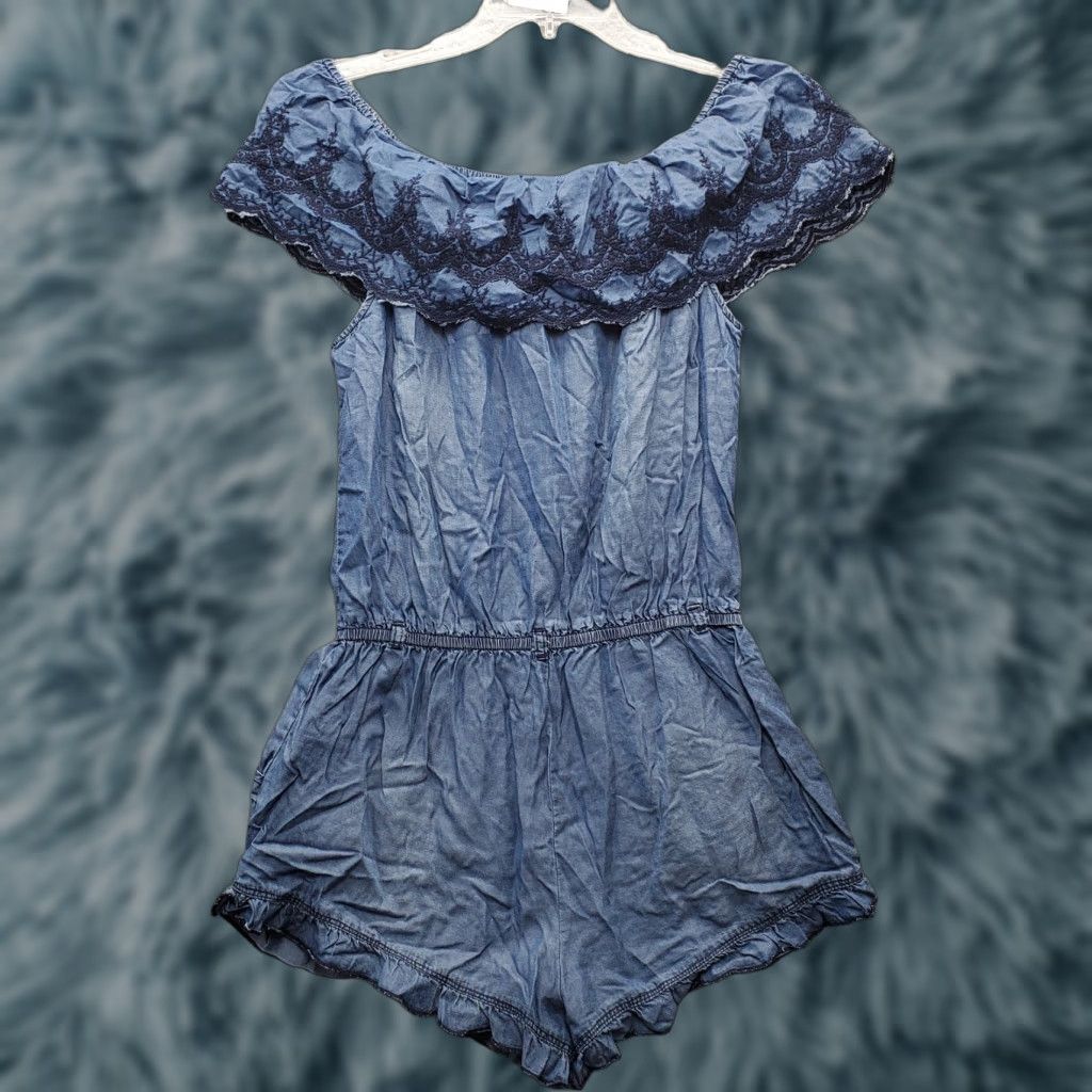 Vintage American Rag Cie Romper Womens Size M Denim Off-The-Shoulder Sleeveless Blue Size 32" / US 10 / IT 46 - 1 Thumbnail