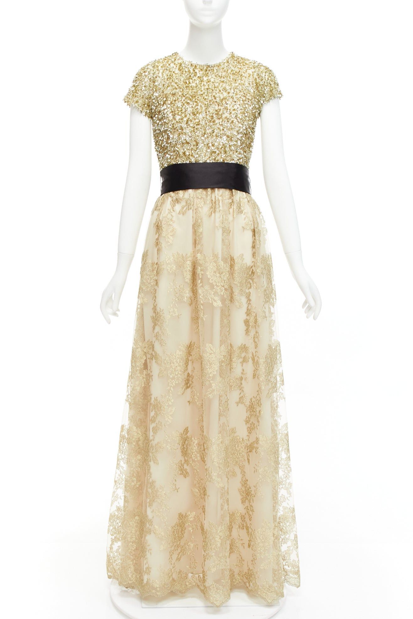 image of Badgley Mischka Gold Sequins Top Floral Lace Overlay Belted Gown Dress Us6 M, Women's (Size Medium)