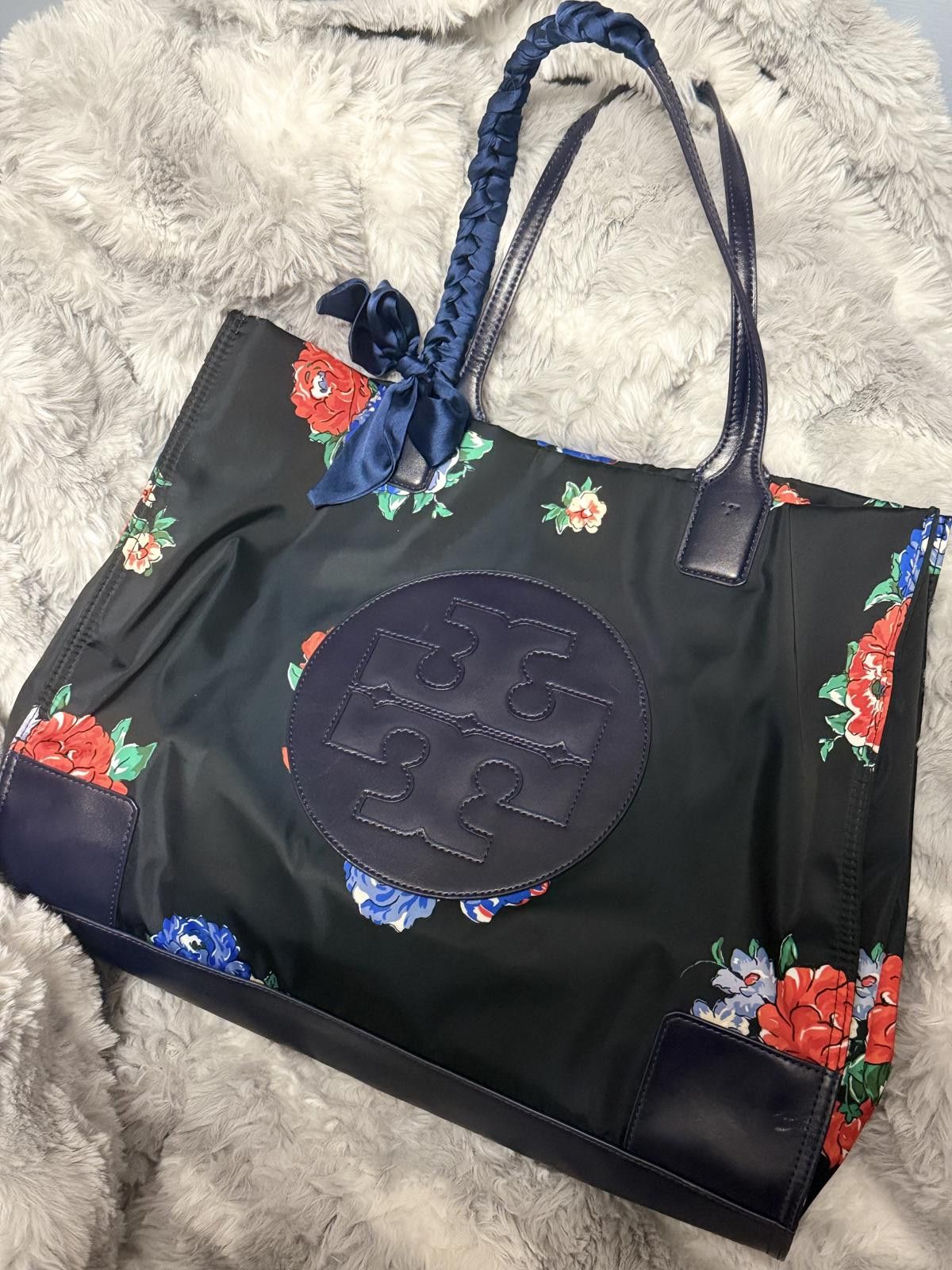 Tory Burch Ella Printed Tote In Black Tea Rose in Blue, Women's