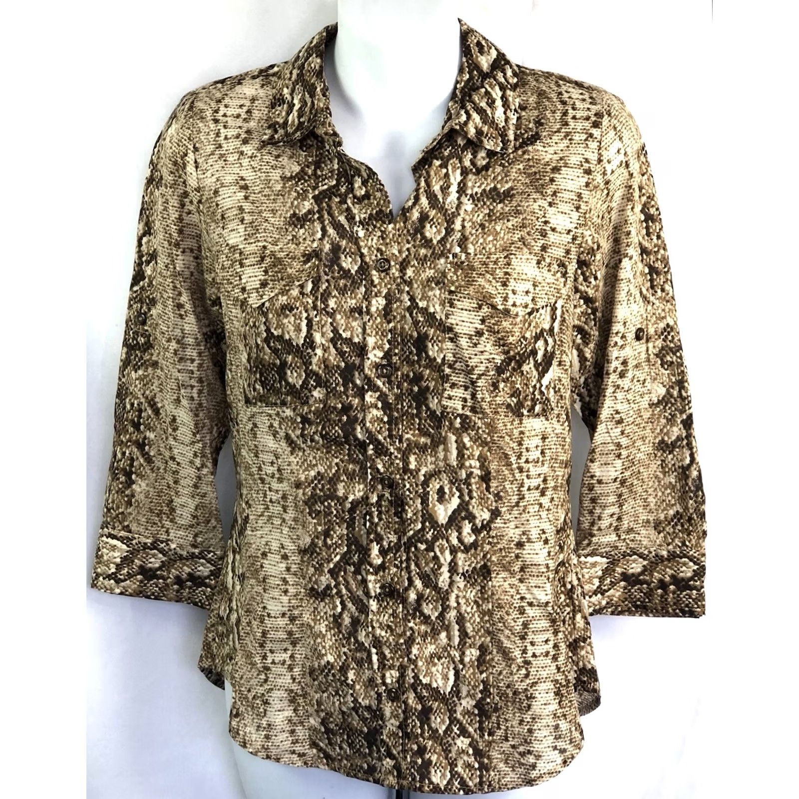 Vintage Zac & Rachel Top PS Brown Snake Button Up 3/4 Sleeve Pocket Boho Career Abstract Size S / US 4 / IT 40 - 5 Thumbnail