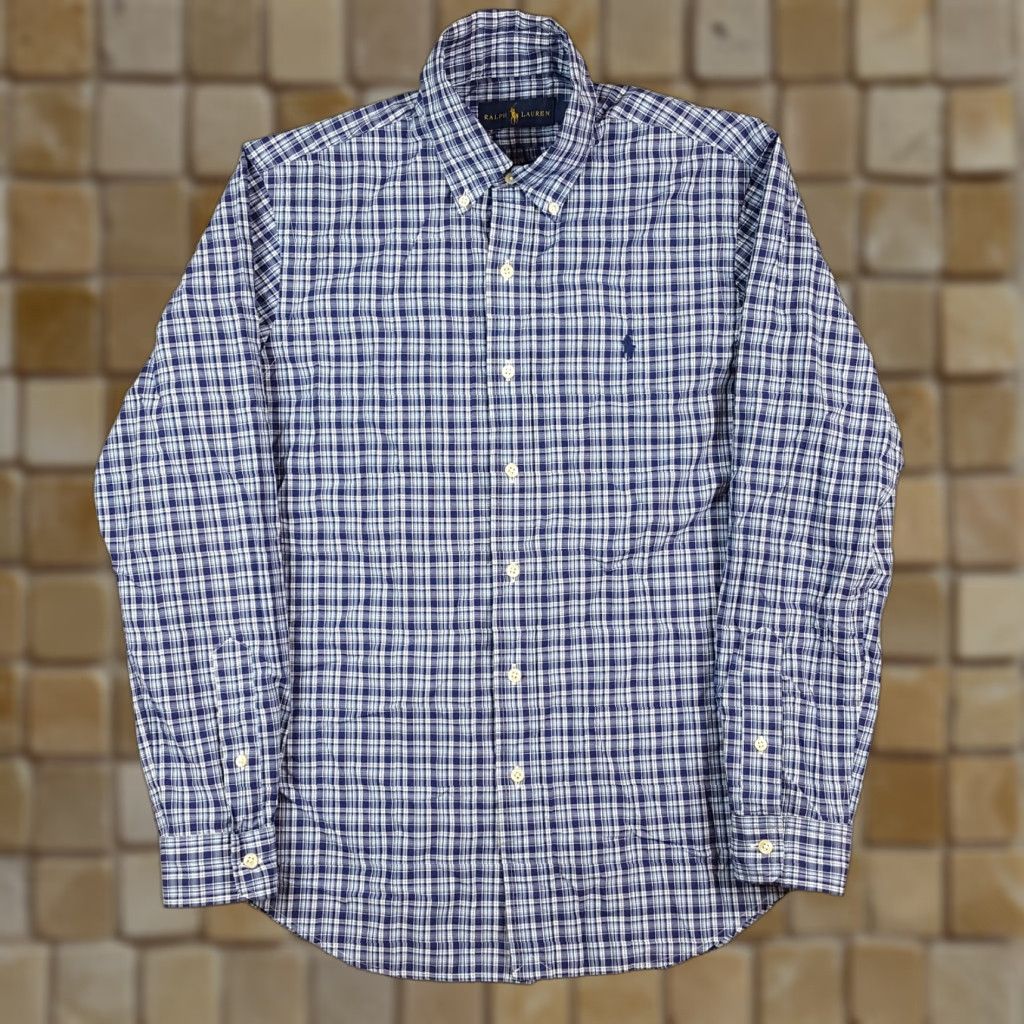 Ralph Lauren Vintage Ralph Lauren Men's Blue Plaid Button-Down Shirt 90s Preppy Cotton Dress Shirt Size Medium Size 40R - 1 Thumbnail
