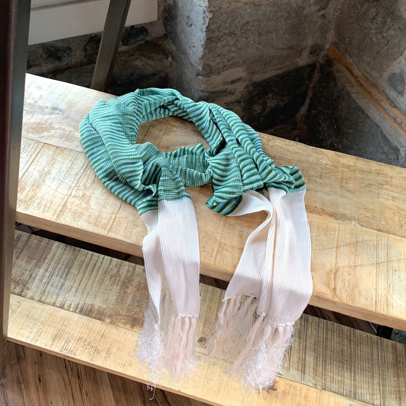 Missoni Missoni Ivory and Green Fringe Pattern Scarf Size ONE SIZE - 1 Thumbnail
