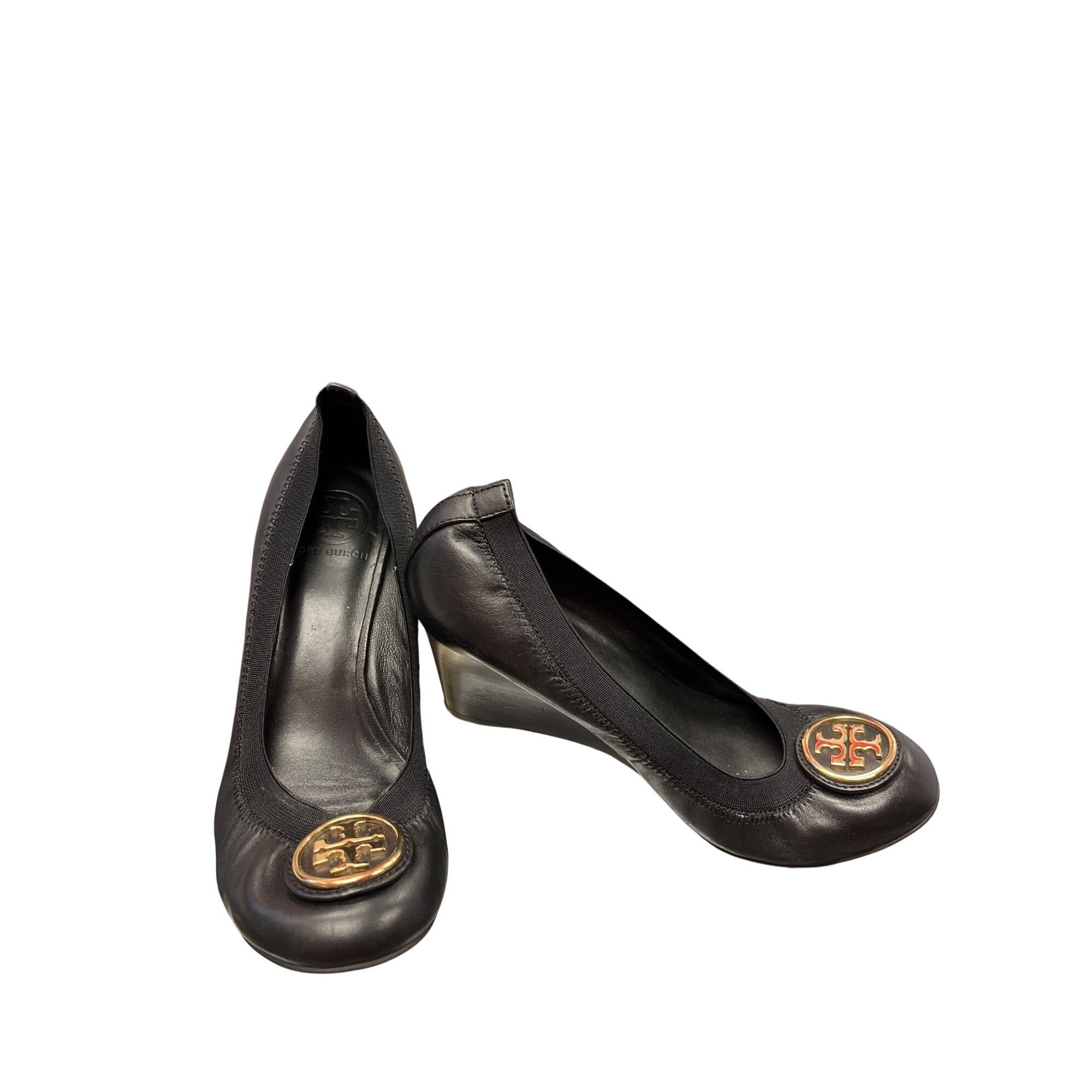 Tory Burch Tory Burch wms black leather slip wedge 2.5 heels shoes sz 8 Size US 8.5 / IT 38.5 - 1 Thumbnail