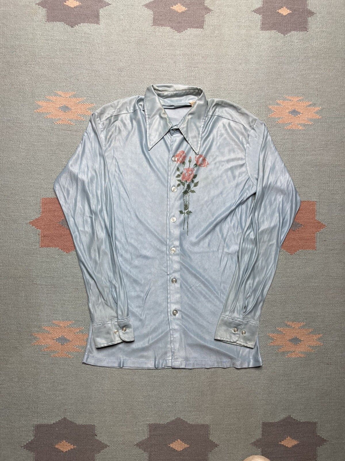 Vintage Vtg 70s polyester disco shirt dagger collar flowers medium Size M / US 6-8 / IT 42-44 - 1 Thumbnail
