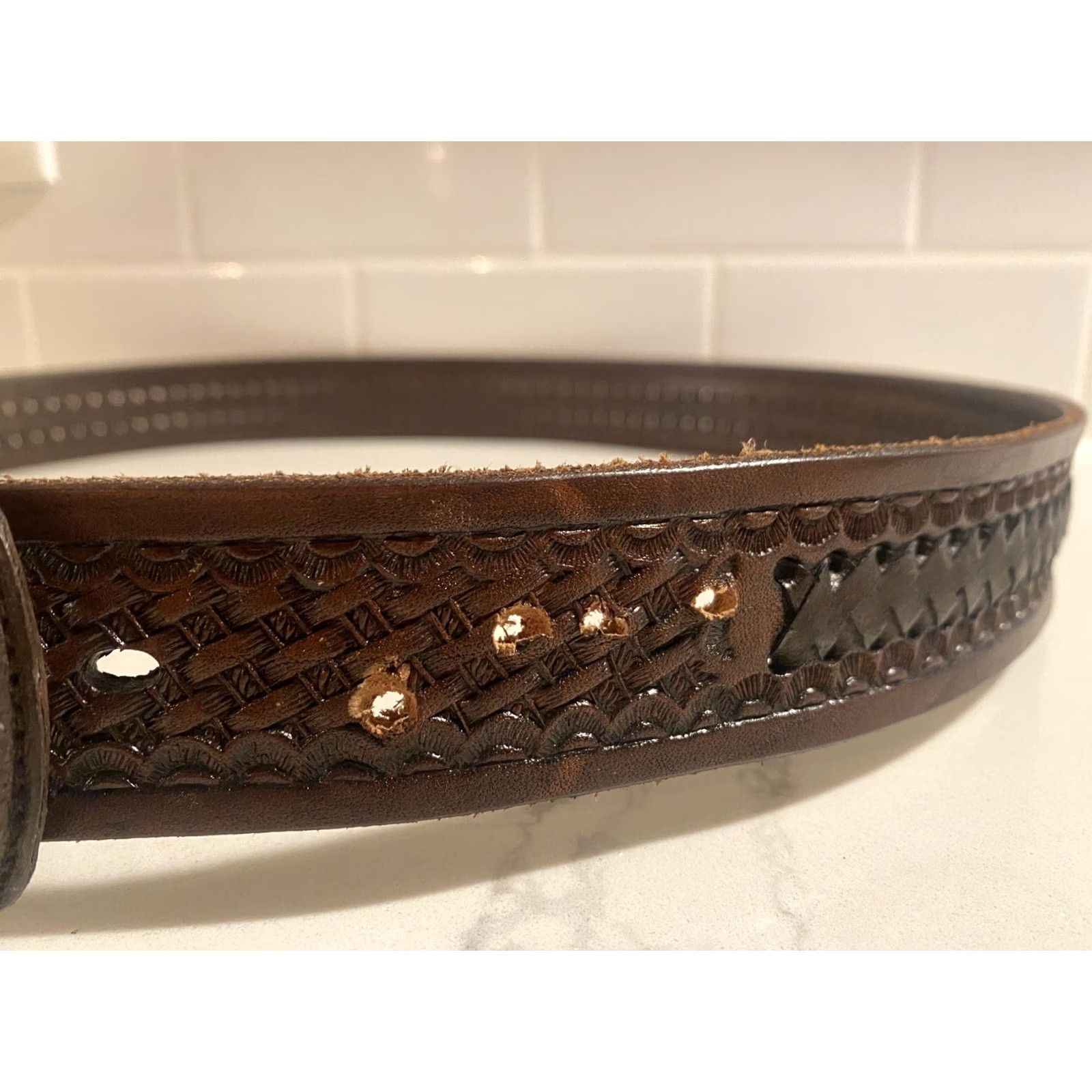 Vintage VINTAGE RM Hecho En Mexico Brown Tan Leather Woven Belt Size 42 Men Belt Western Embossed Adjustable Buckle Braided/Woven Work Belt USA Leather Men Size 42 - 2 Thumbnail