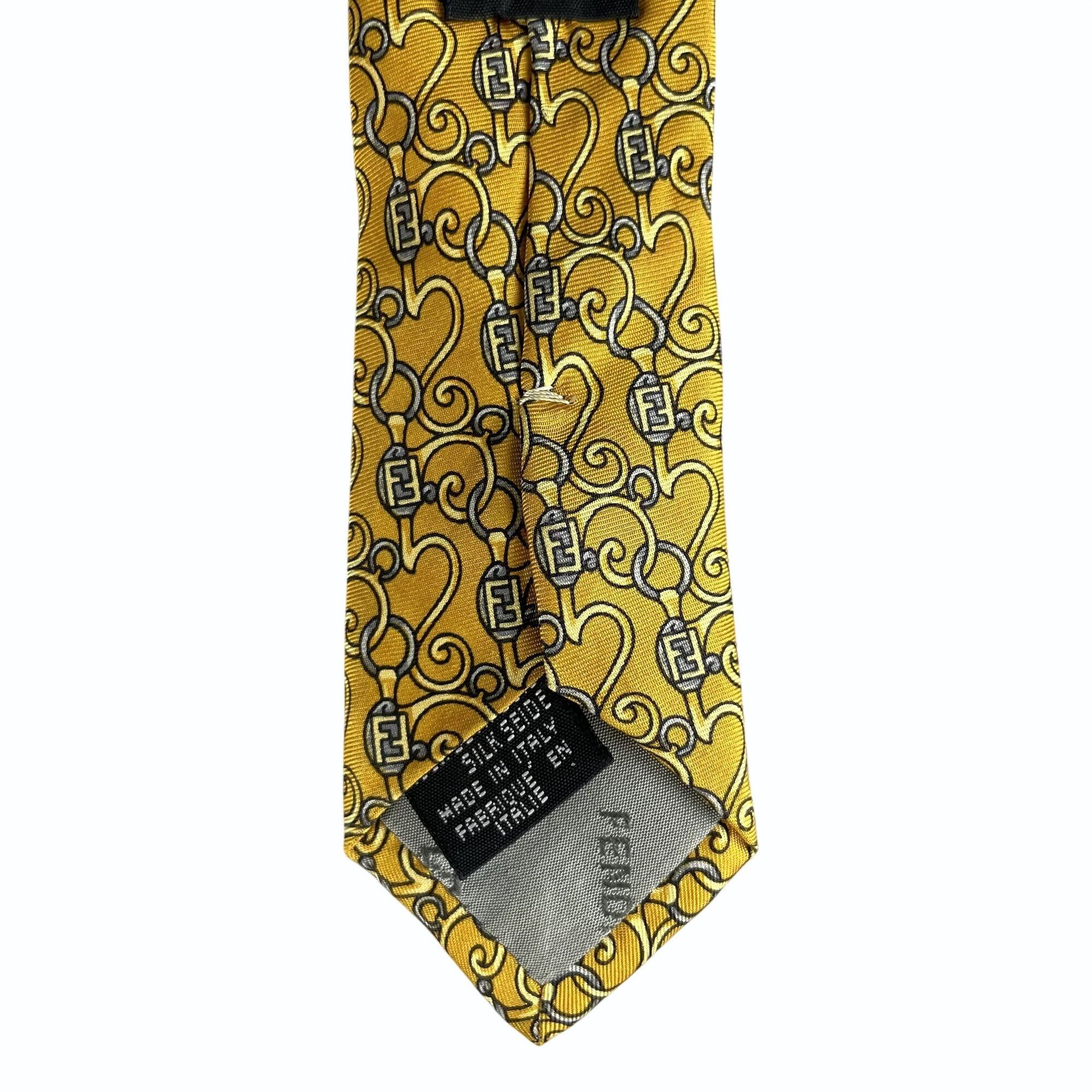 Fendi Fendi Monogram Scroll Pattern Gold & Gray Silk Tie Size ONE SIZE - 6 Thumbnail