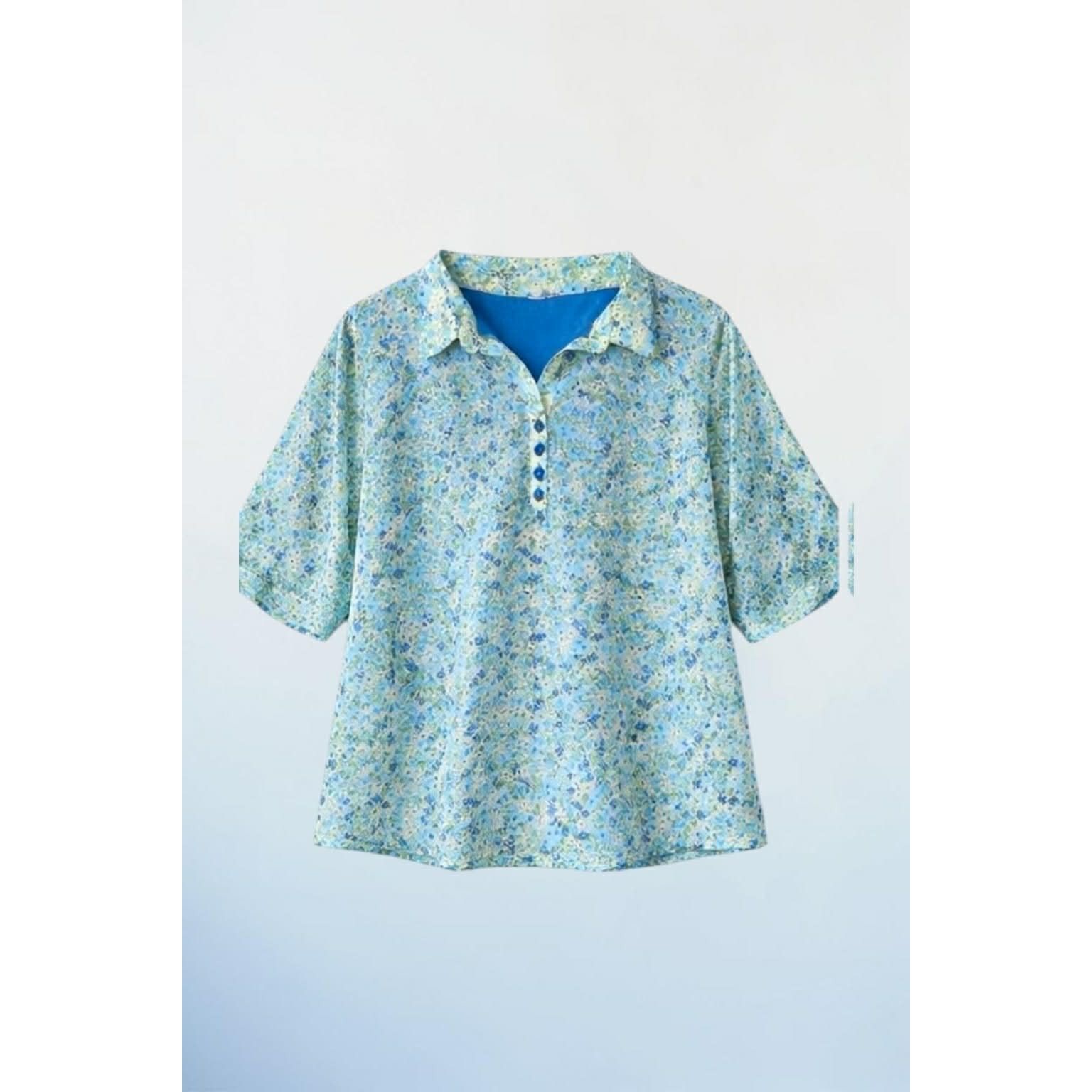 Other Floral Blouse Blue Green Short Sleeve Button V Neck Top LG Size L / US 10 / IT 46 - 2 Thumbnail