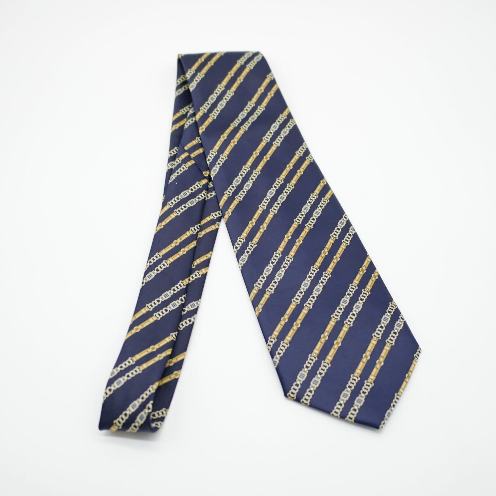 Designer Rene Chagal Handmade Blue Novelty Chains Print Wide Silk Tie Size ONE SIZE - 5 Thumbnail