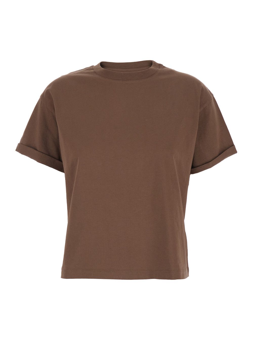 Brown crew neck T-shirt with raised collar and folded sleeves in cotton woman