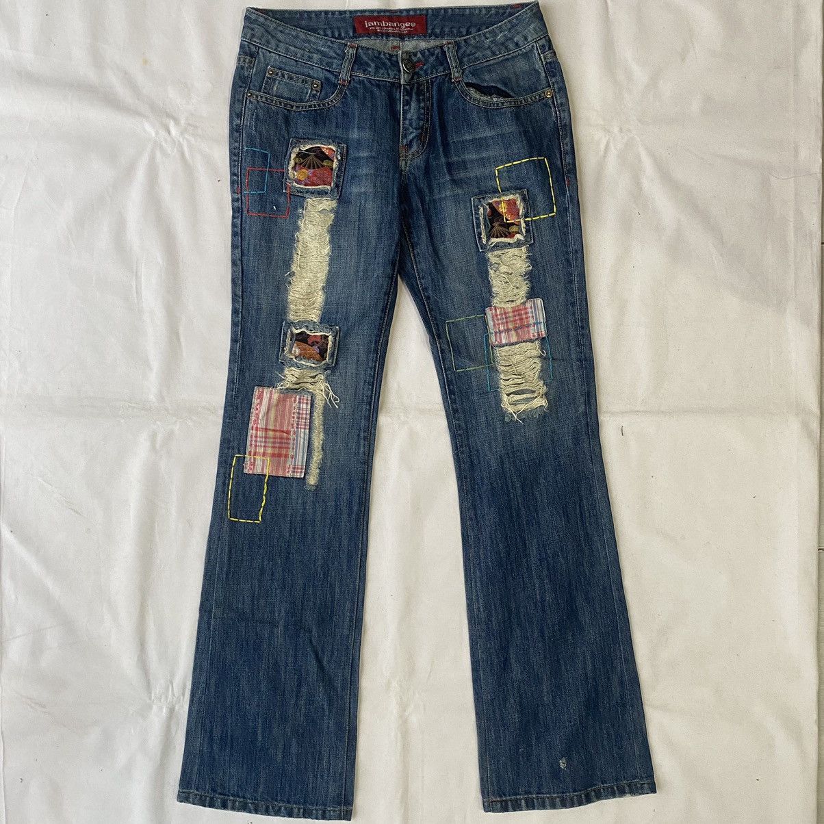 Jambangee Distressed Patchwork Denim Flared Y2K Grunge Style