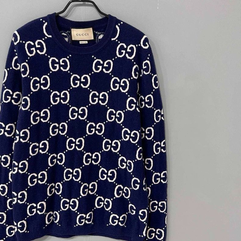 Gucci Blue Knit Sweater with GG Pattern-2505 Size L / US 10 / IT 46 - 2 Thumbnail