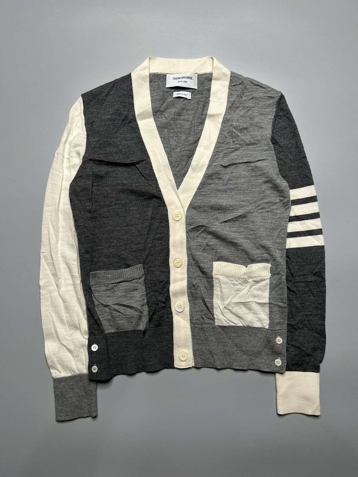 image of Thom Browne Funmix 4 Bar Cardigan in Grey, Men's (Size 2XS)