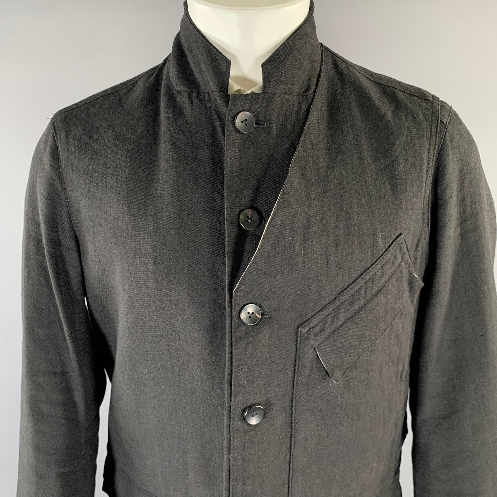 The Viridi-anne THE VIRIDI-ANNE Black Linen Wool Panneled Sport Coat Size 44S - 2 Thumbnail