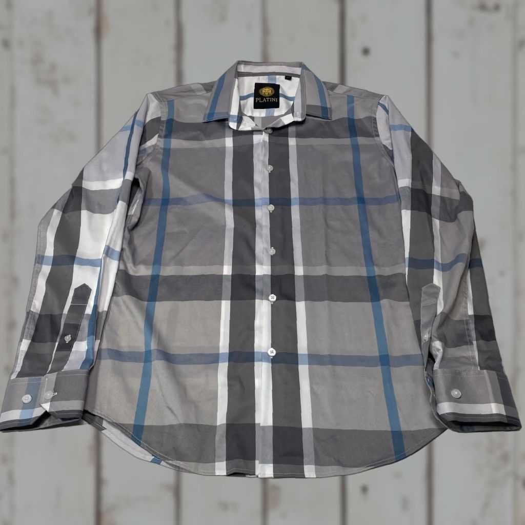 Cougar Platini Mens Shirt Button-Up Long Sleeve Plaid Gray Blue Cougar Button Up Shirt M Size US M / EU 48-50 / 2 - 1 Thumbnail