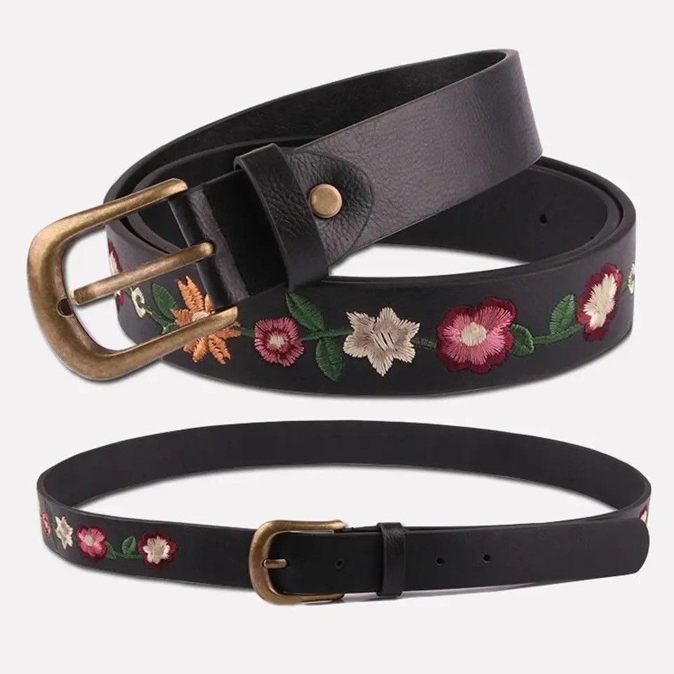 Leather Versatile Embroidered Flower Leather Belt Size ONE SIZE - 6 Thumbnail