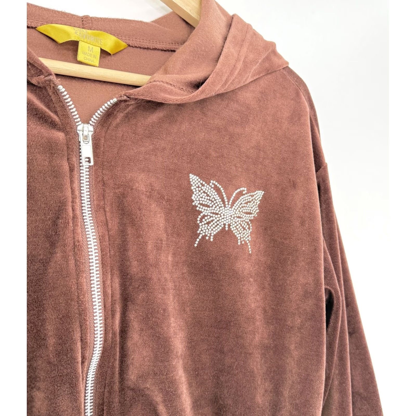 Velour Cult Favorite Hoodie Velour Zip Up Butterfly Rhinestone Jacket Womens Medium Brown Y2K Size M / US 6-8 / IT 42-44 - 3 Thumbnail