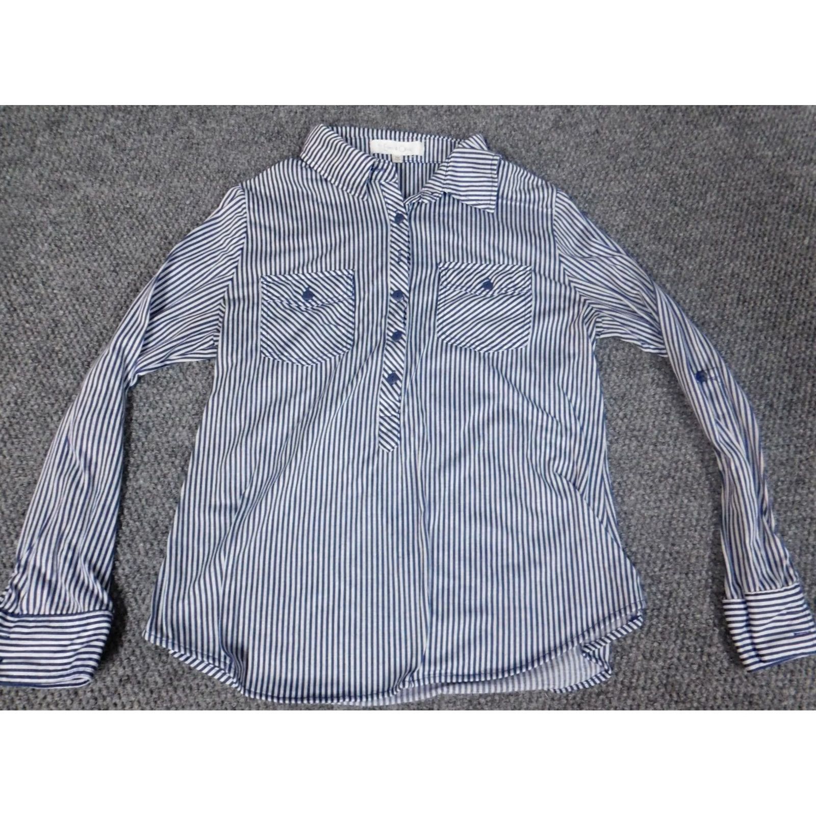 Vintage Eden & Olivia Blouse Womens Petites PM Dolman Long Sleeve Blue Striped Collared Pullover Casual Regular Stretch Dog Theme Viscose Down Size M / US 6-8 / IT 42-44 - 4 Thumbnail