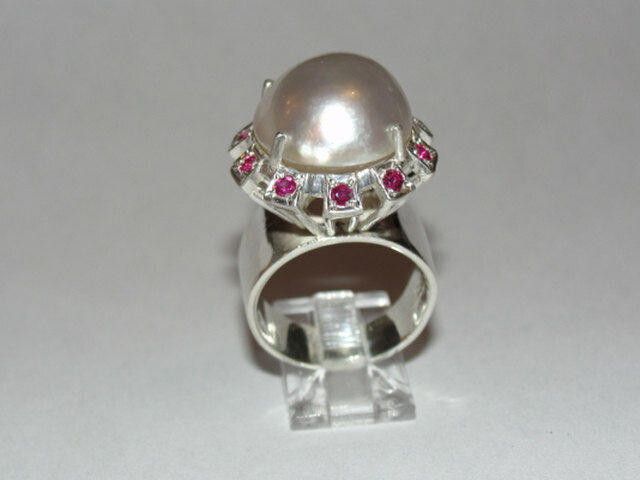 Designer Sterling Silver Pearl and Ruby Cocktail Ring Alberto Juan Size ONE SIZE - 4 Thumbnail