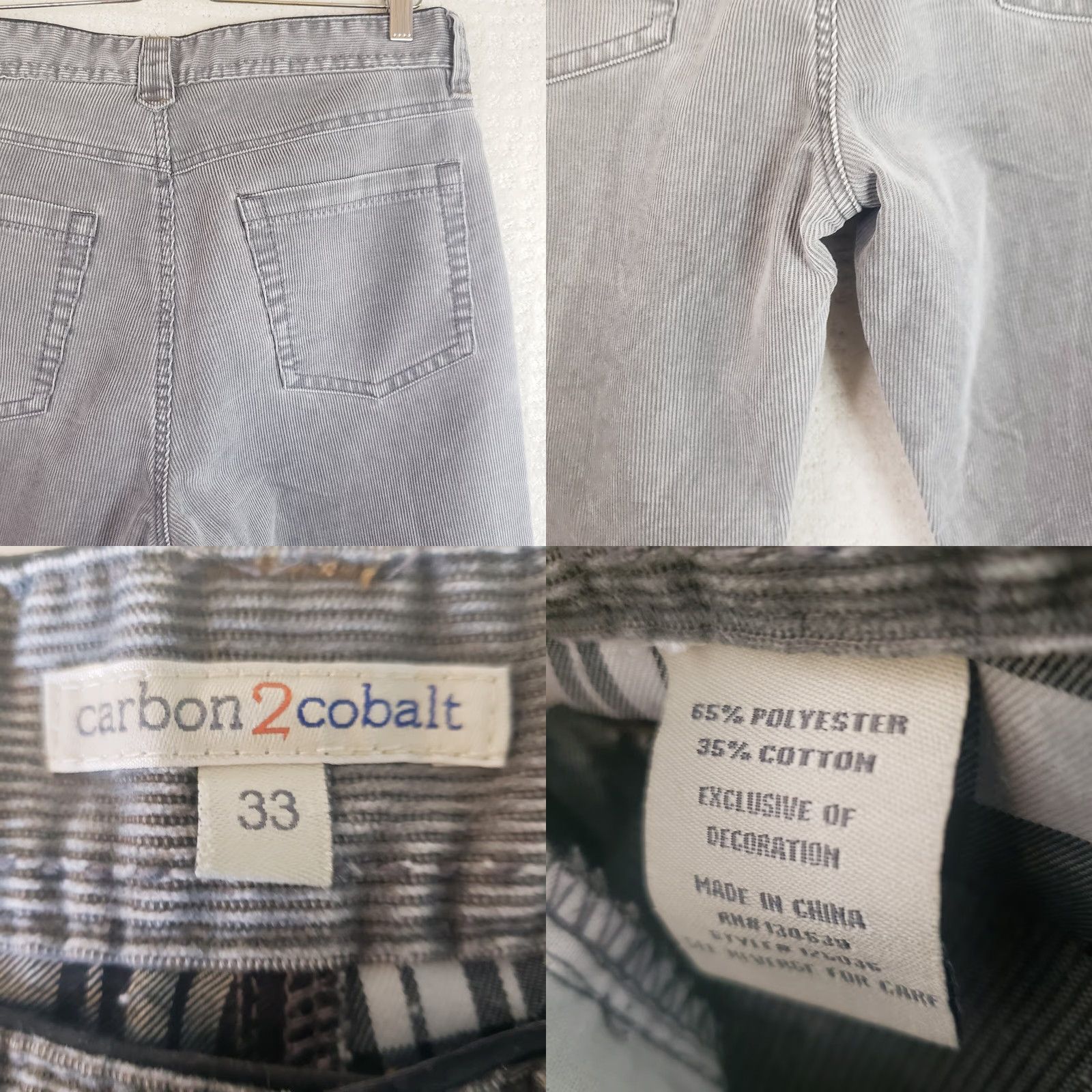 Carbon2Cobalt Carbon 2 Cobalt Pants Mens 33x33 Gray Corduroy Chino Flat Front Regular Fit Belt Loops Slash Pockets Logo Zipper Button Casual Polyester Cotton Size US 33 - 8 Thumbnail
