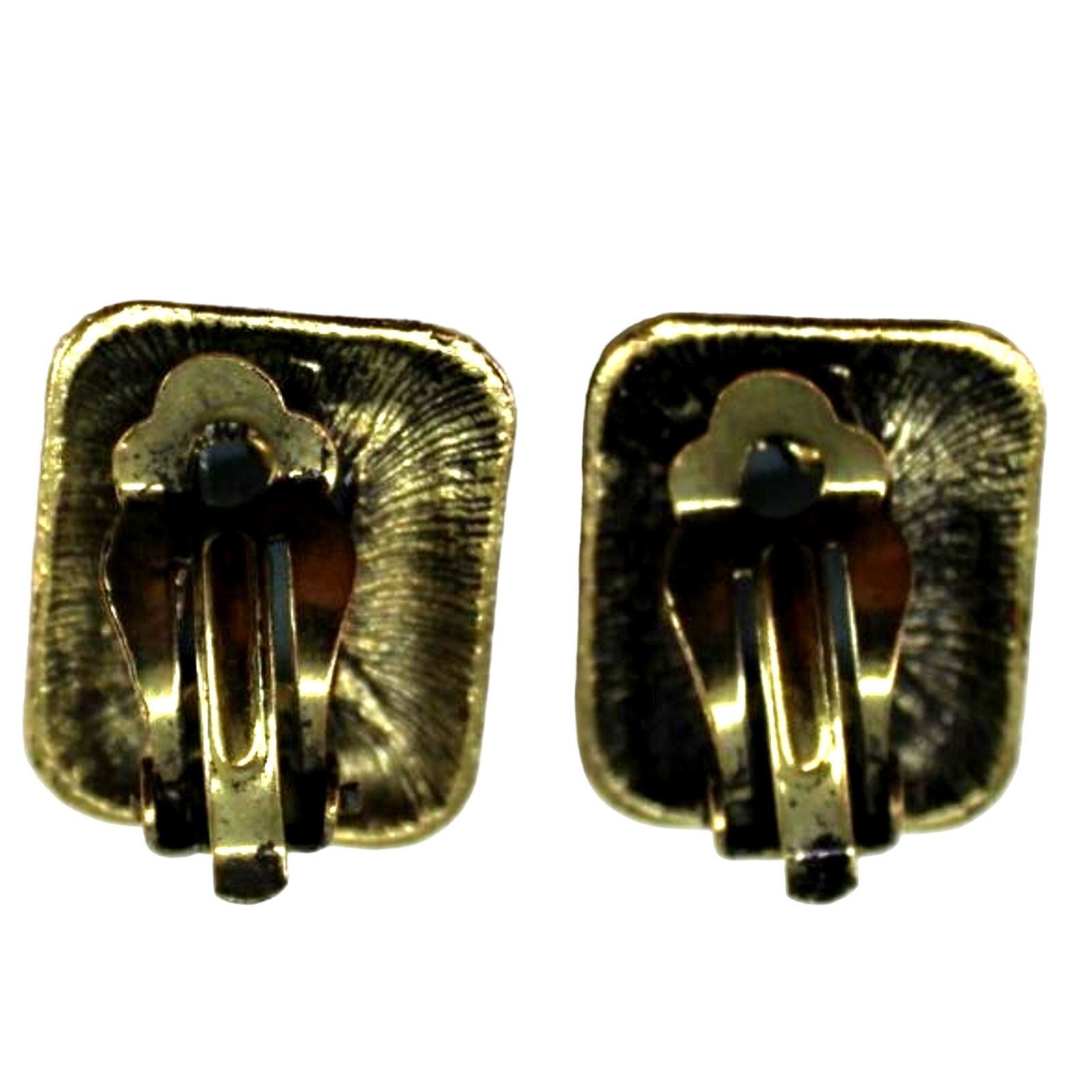 Other Rectangular Teal Blue Glass Earrings •Antique Goldtone •Clip Size ONE SIZE - 2 Thumbnail