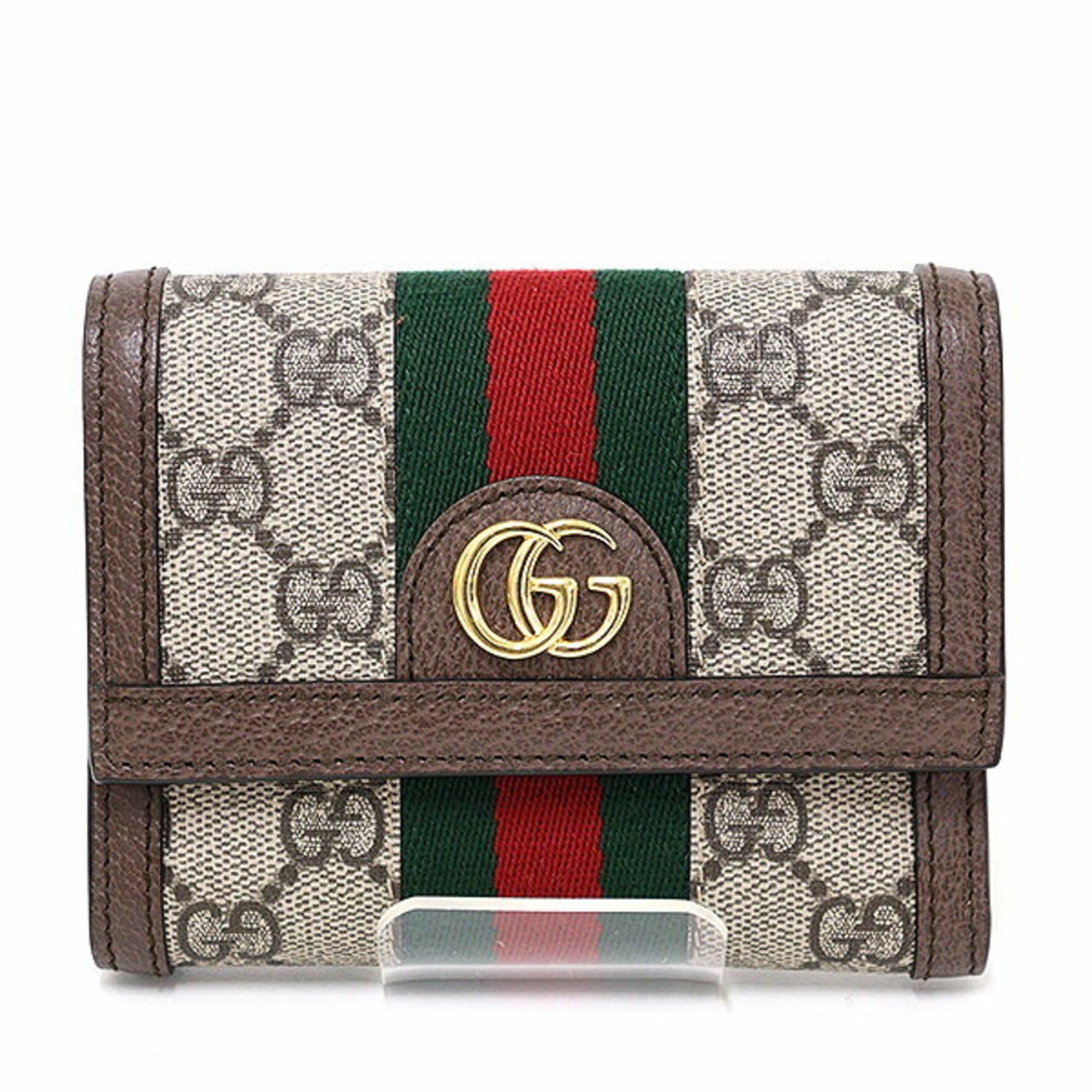 image of Gucci Ophidia GG Supreme Web Stripe Double G Trifold Wallet in Beige, Women's